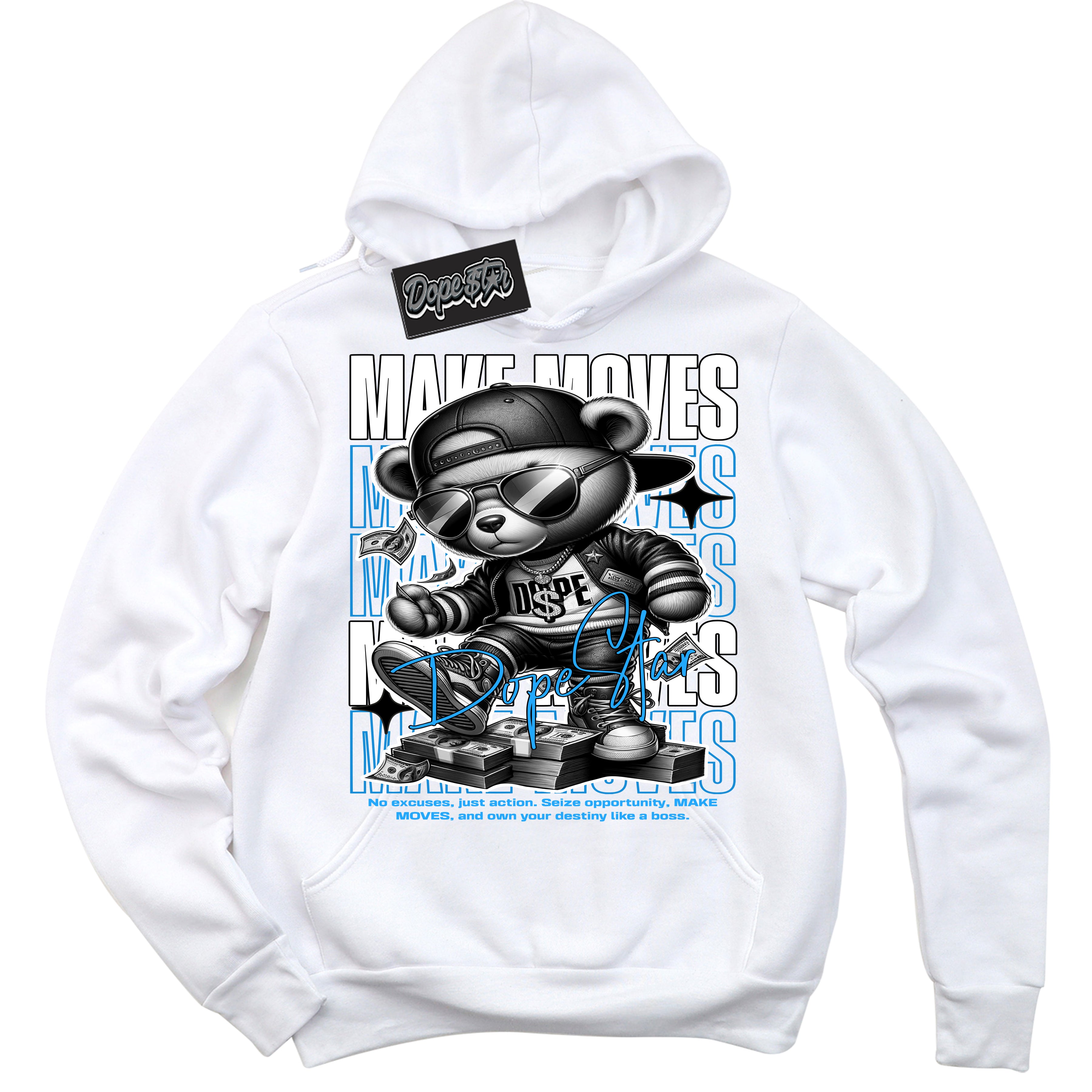 Cool White Hoodie with “ Makin Moves ” design that Perfectly Matches Powder Blue 9s Sneakers.
