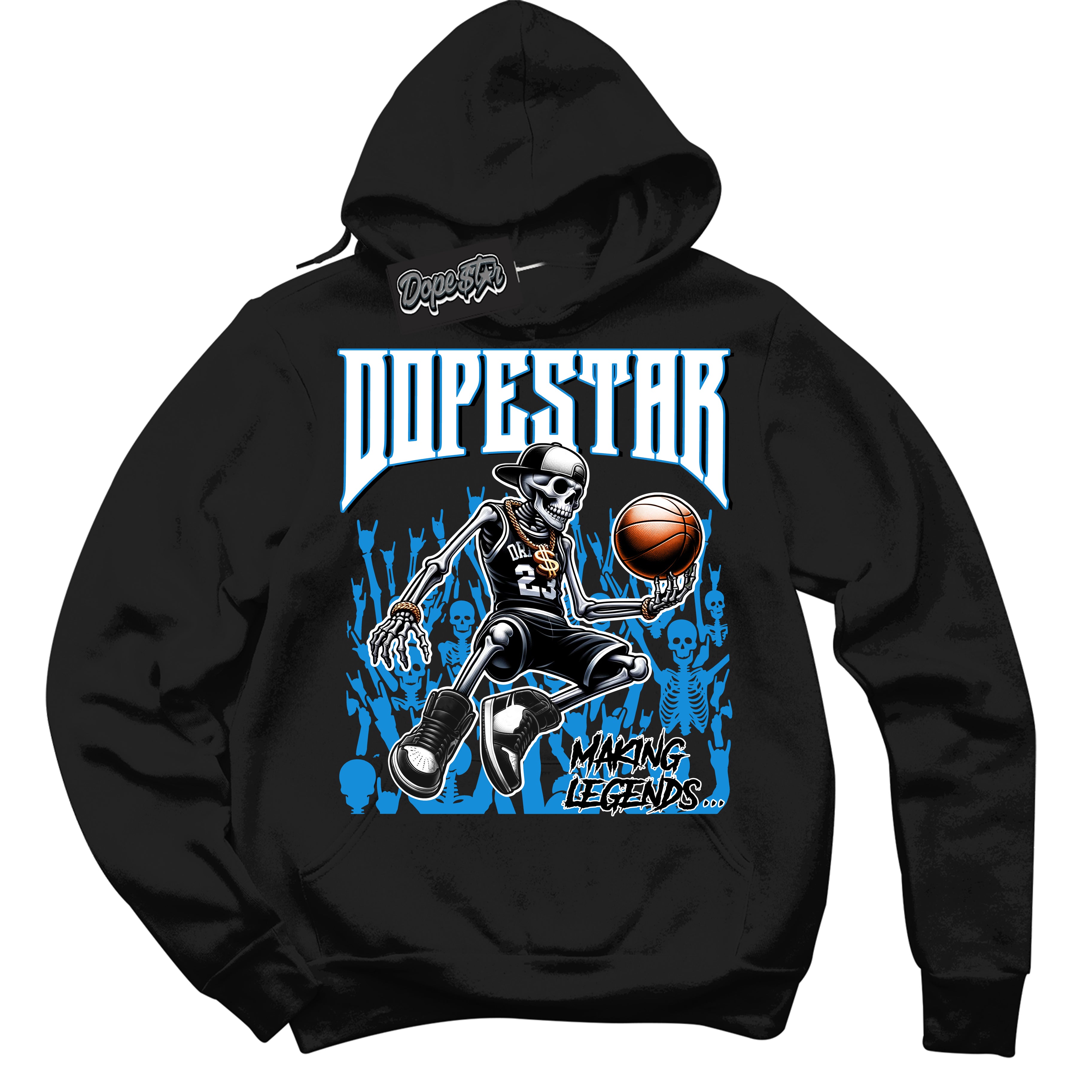 Cool Black Hoodie with “ Making Legends ” design that Perfectly Matches Powder Blue 9s Sneakers.