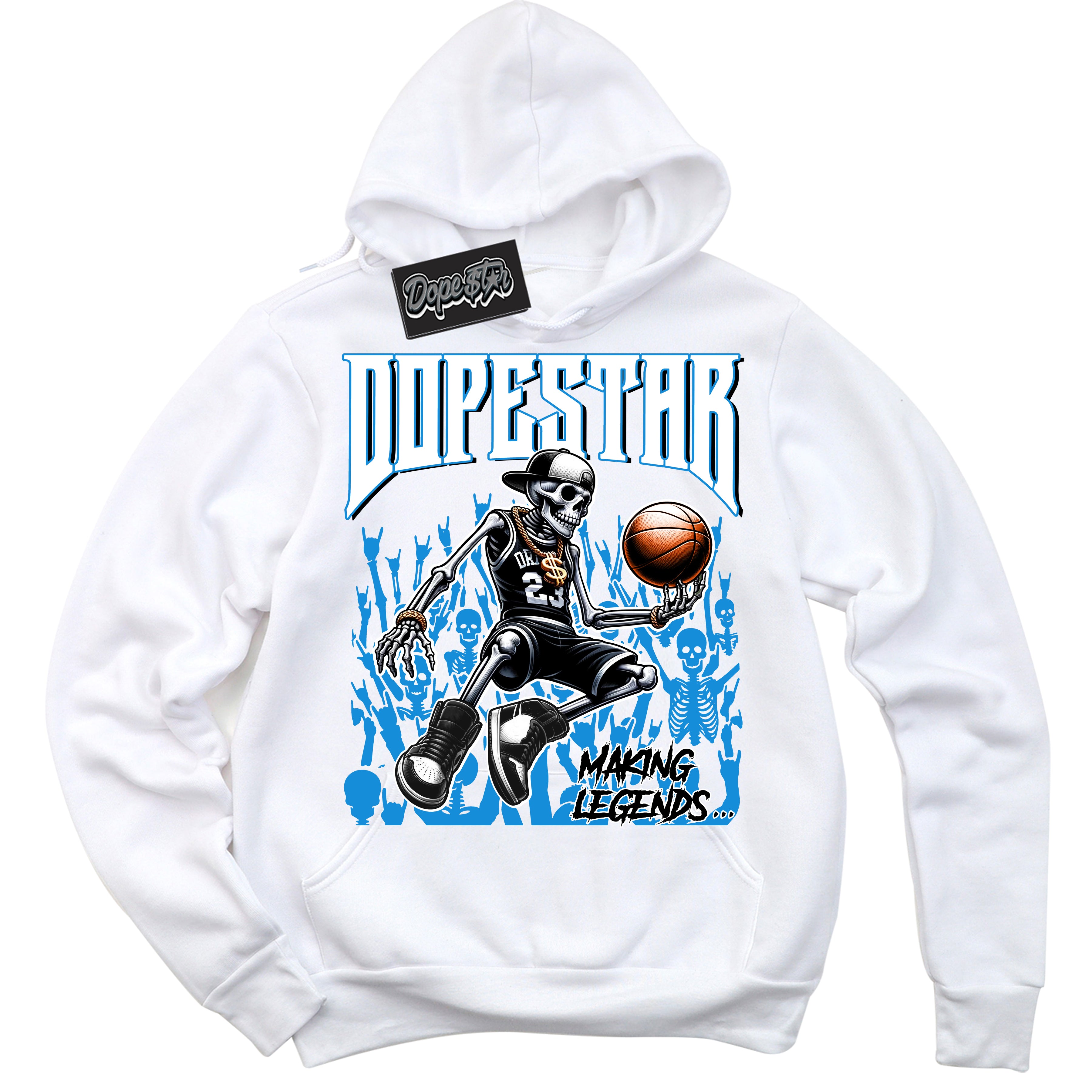 Cool White Hoodie with “ Making Legends ” design that Perfectly Matches Powder Blue 9s Sneakers.