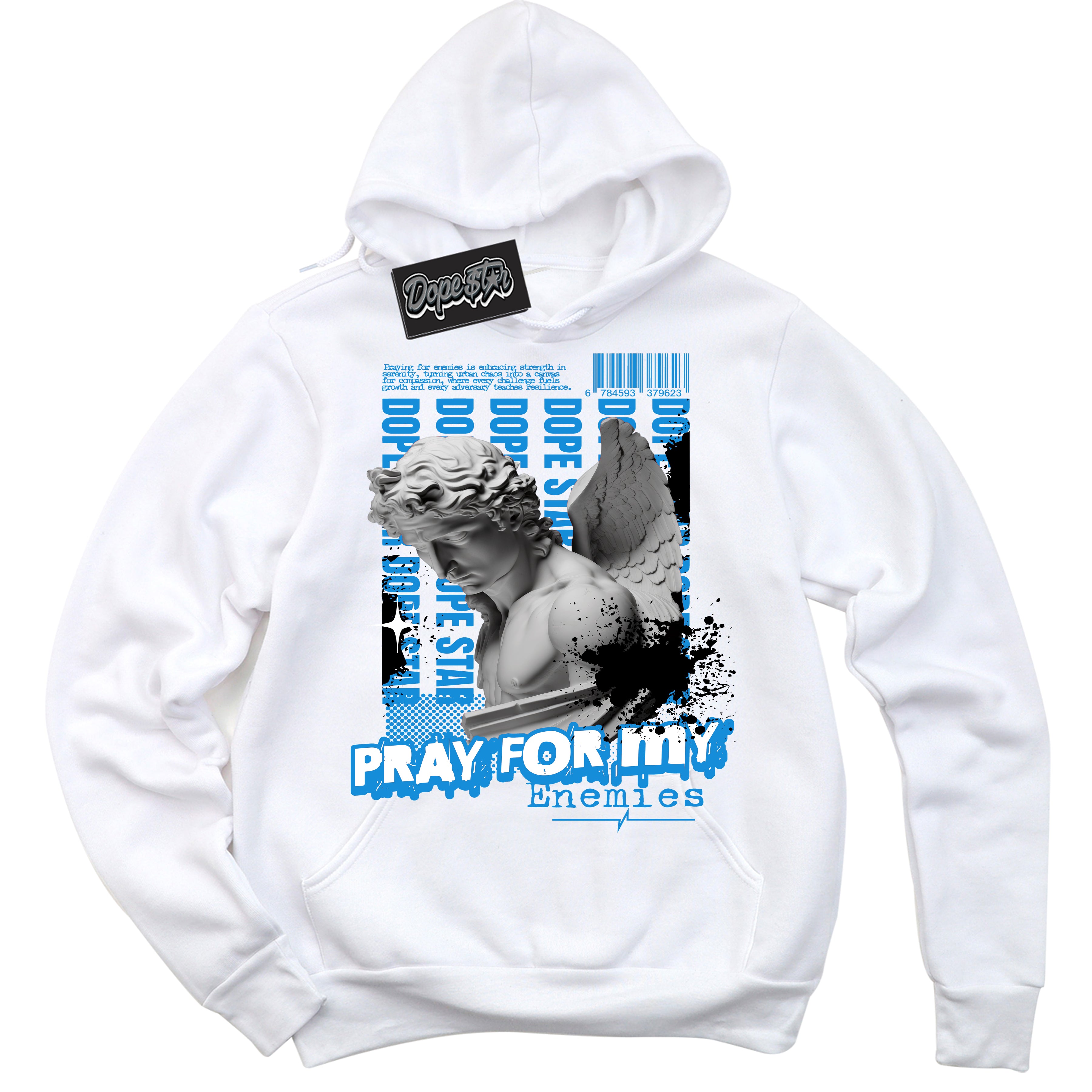 Cool White Hoodie with “ Pray Enemies ” design that Perfectly Matches Powder Blue 9s Sneakers.