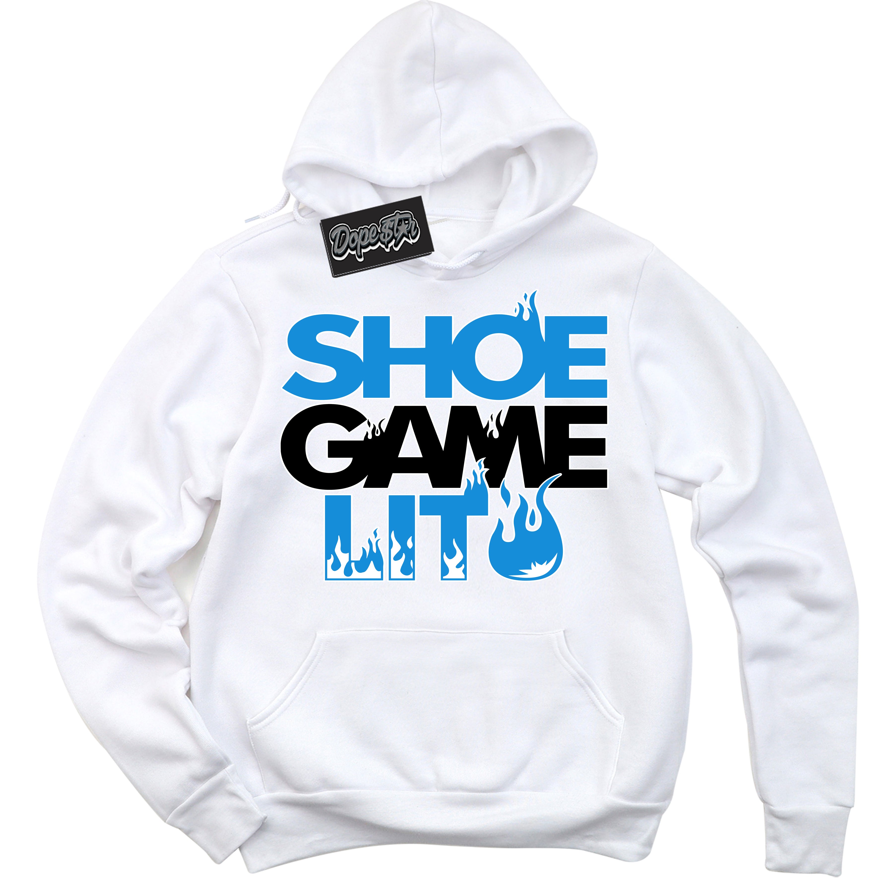 Cool White Hoodie with “ Shoe Game Lit '' design that Perfectly Matches Powder Blue 9s Sneakers.