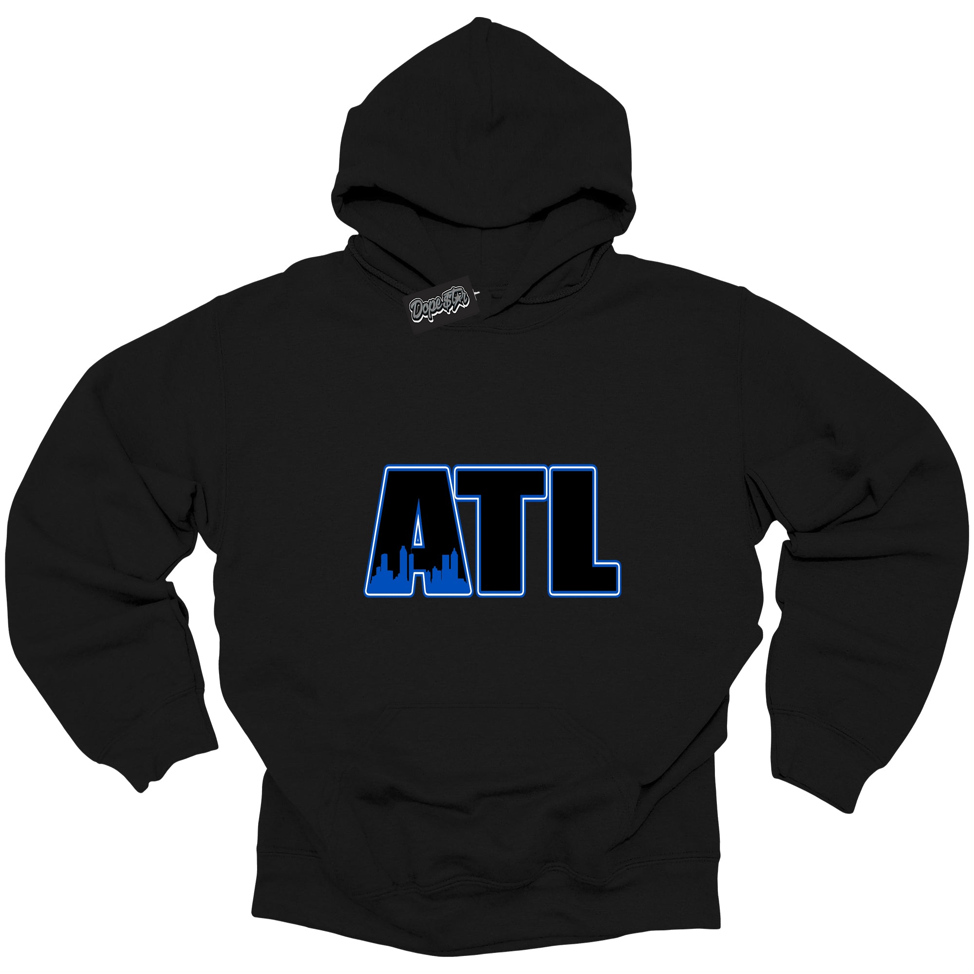 Cool Black Hoodie with “ Atlanta ” design that Perfectly Matches Royal Reimagined 1s Sneakers.