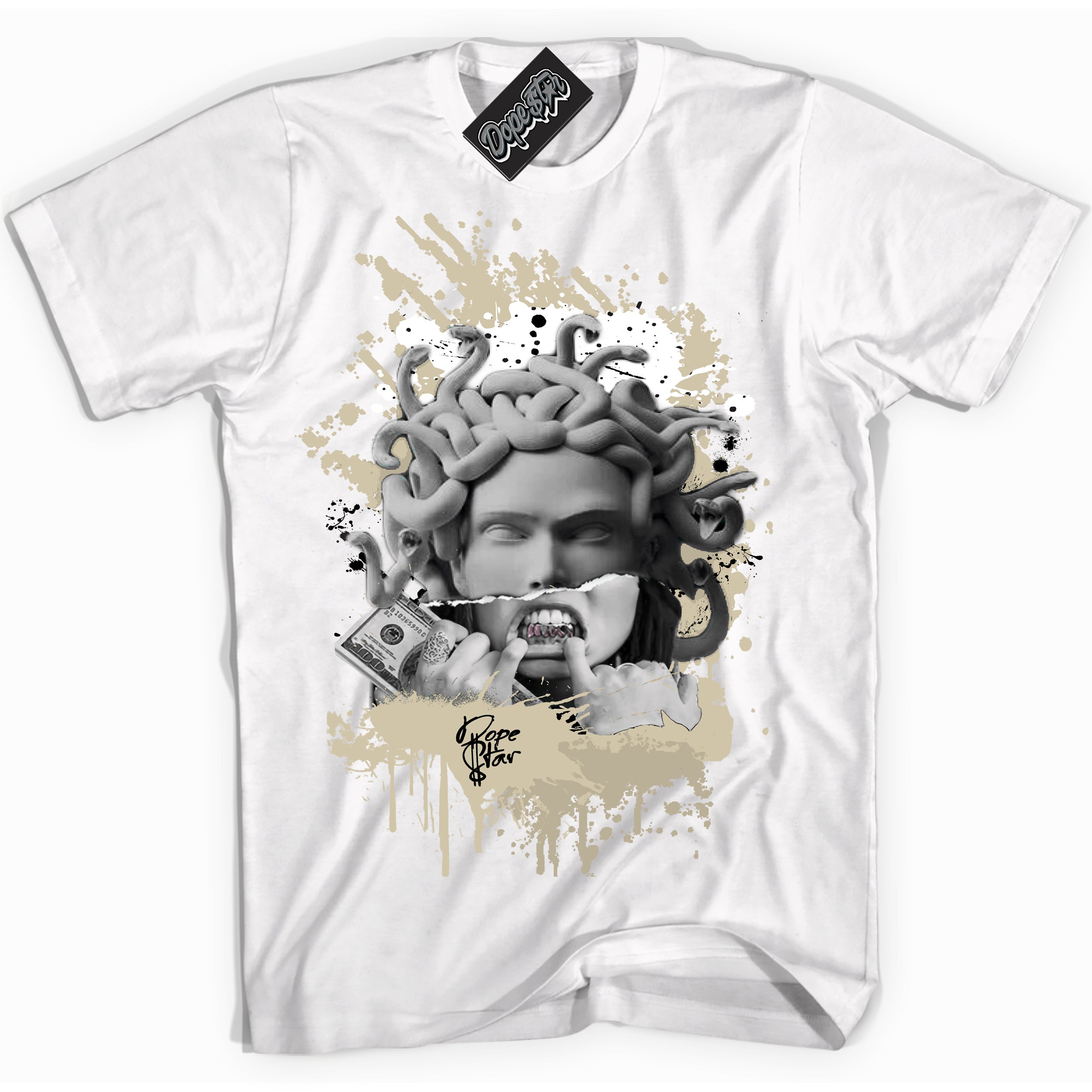 Cool White graphic tee with “ Medusa ” print, that perfectly matches Burgundy 5s sneakers