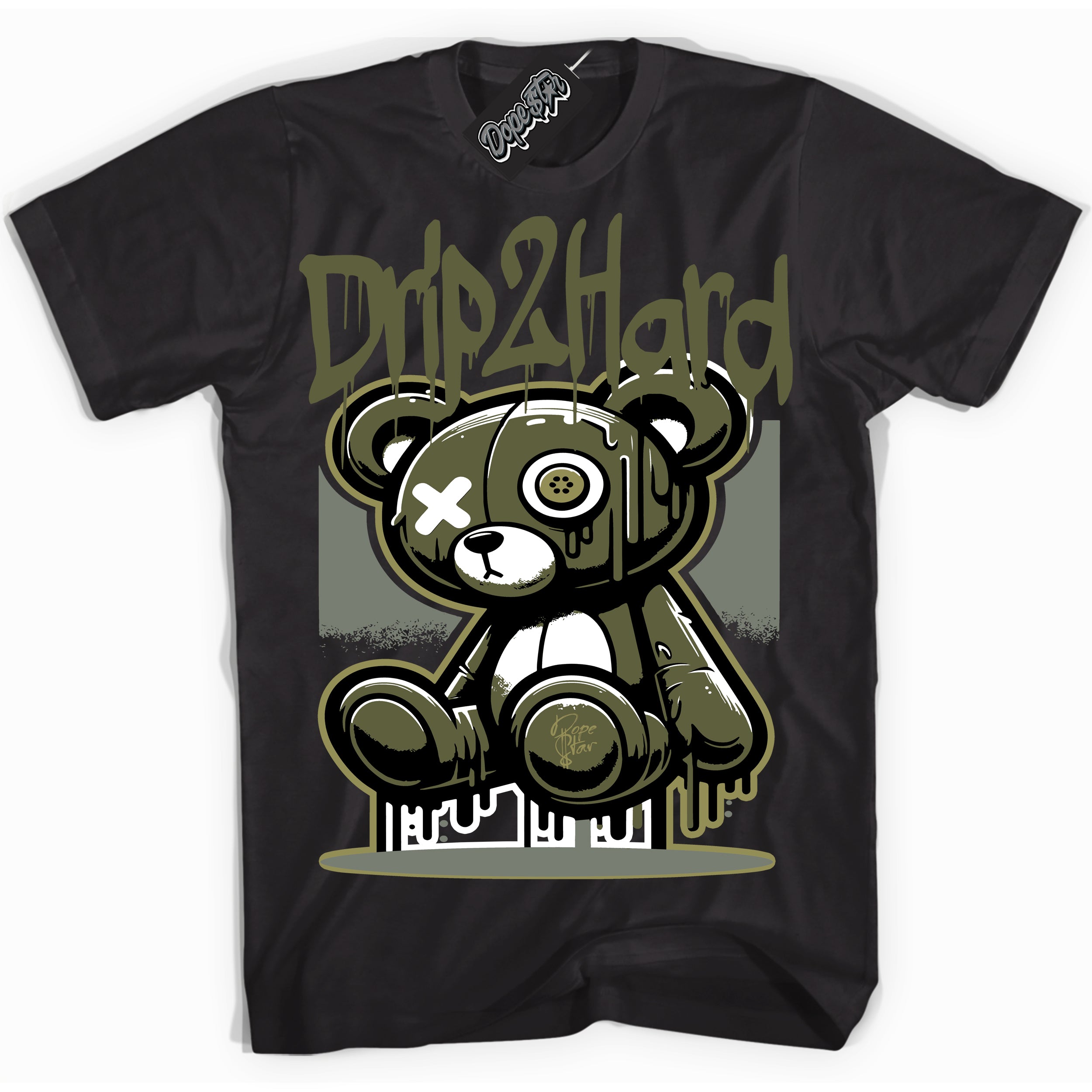Cool Black graphic tee with “ Drip 2 Hard ” print, that perfectly matches Craft Olive 4s sneakers