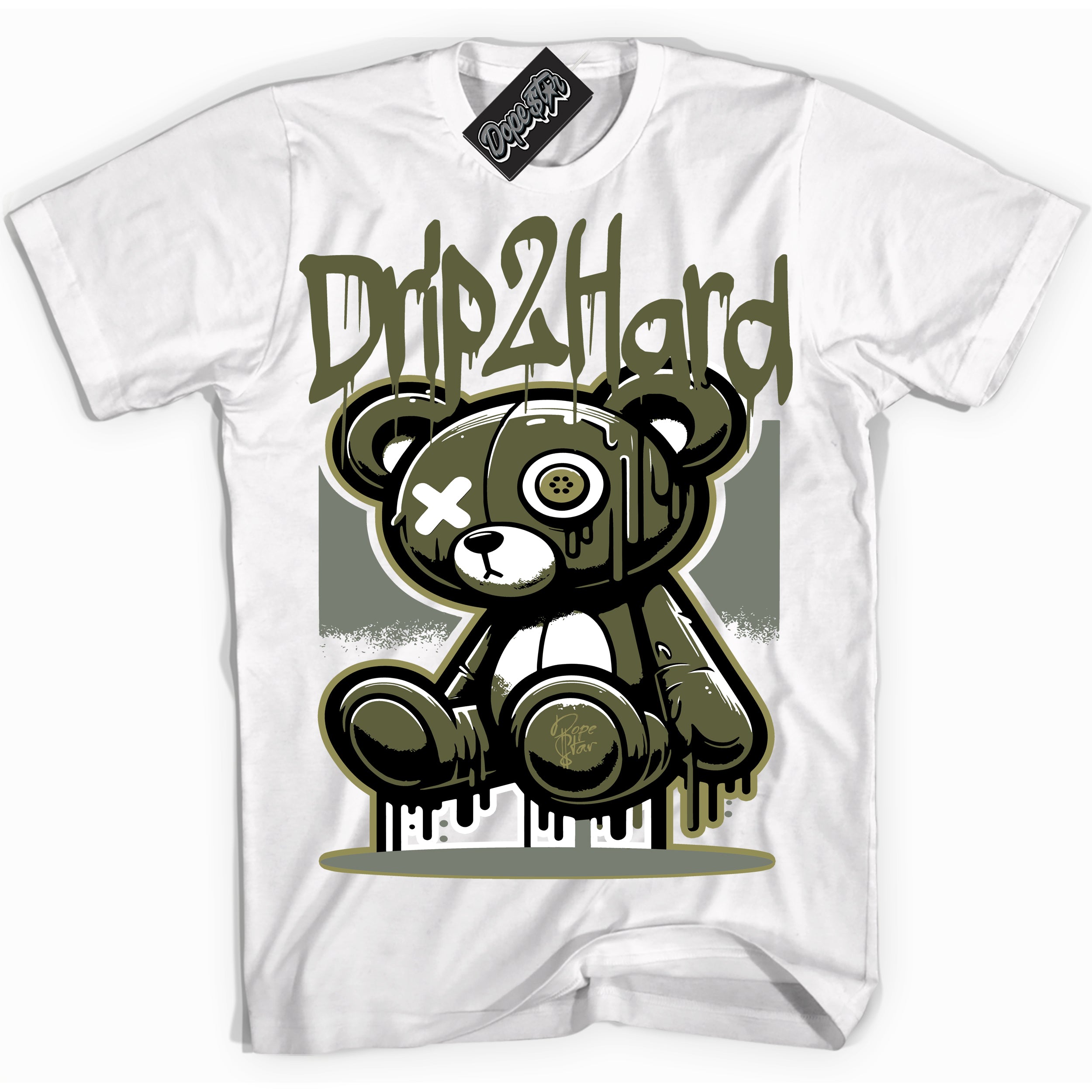 Cool White graphic tee with “ Drip 2 Hard ” print, that perfectly matches Craft Olive 4s sneakers