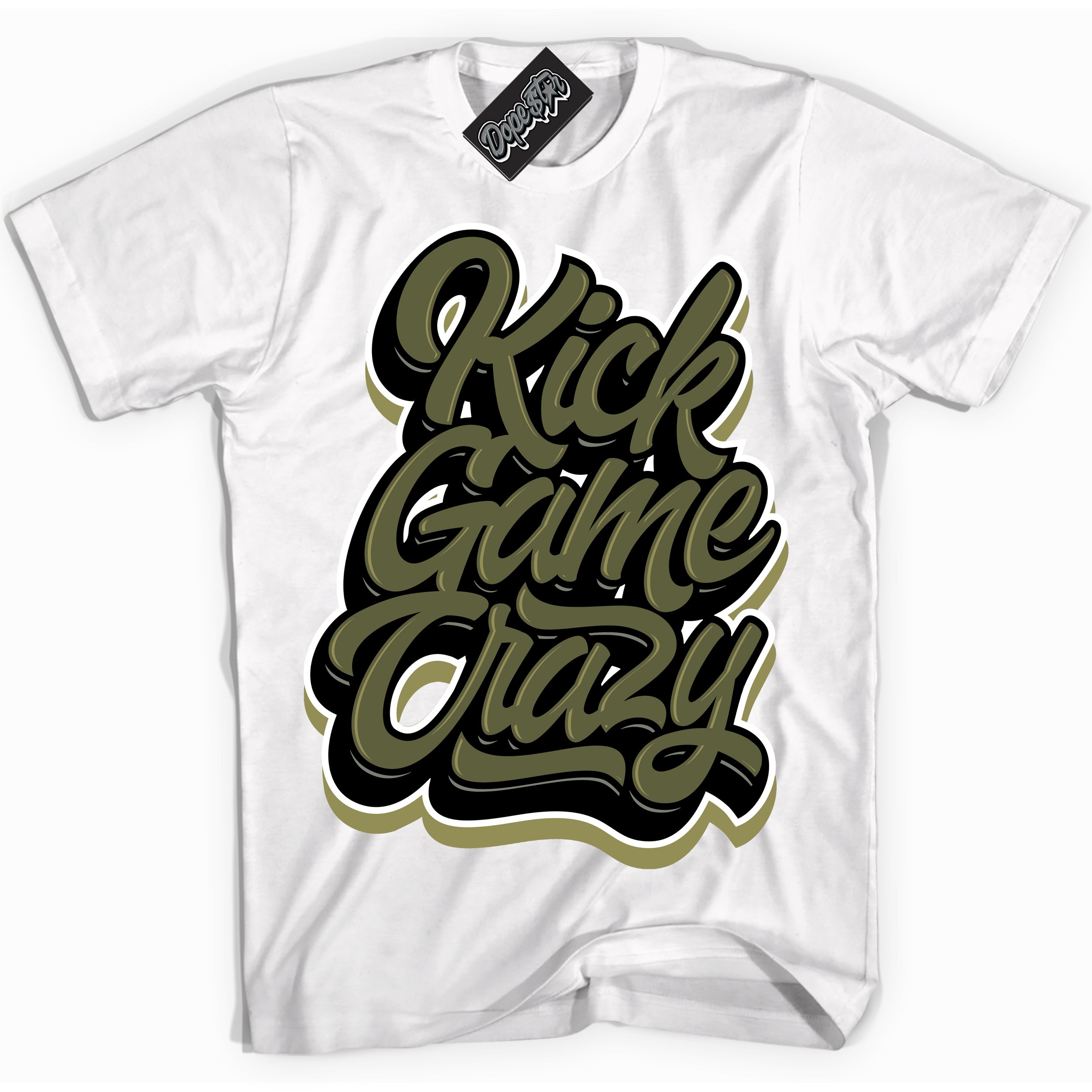 Cool White graphic tee with “ Kick Game Crazy ” print, that perfectly matches Craft Olive 4s sneakers