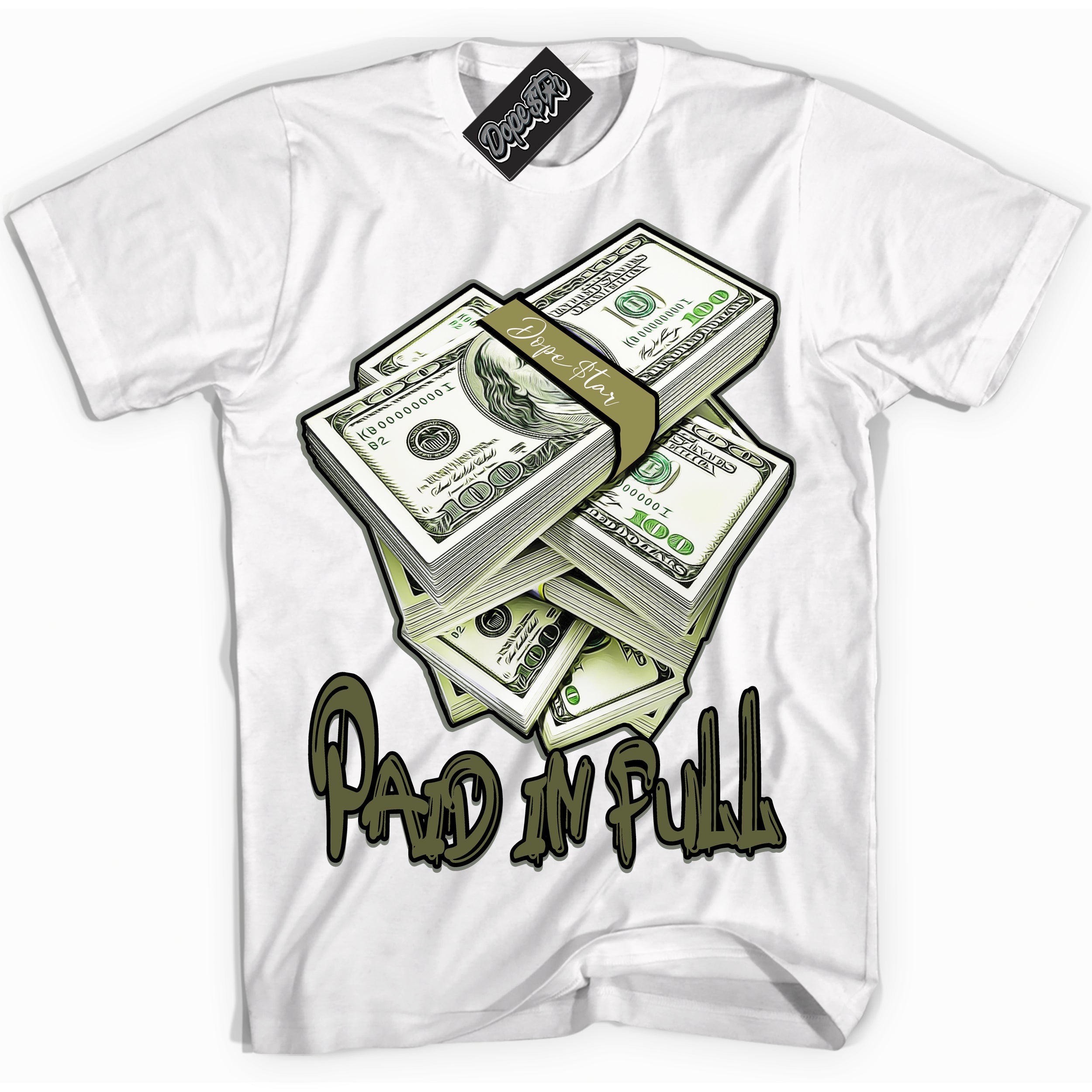 Cool White graphic tee with “ Paid In Full ” print, that perfectly matches Craft Olive 4s sneakers