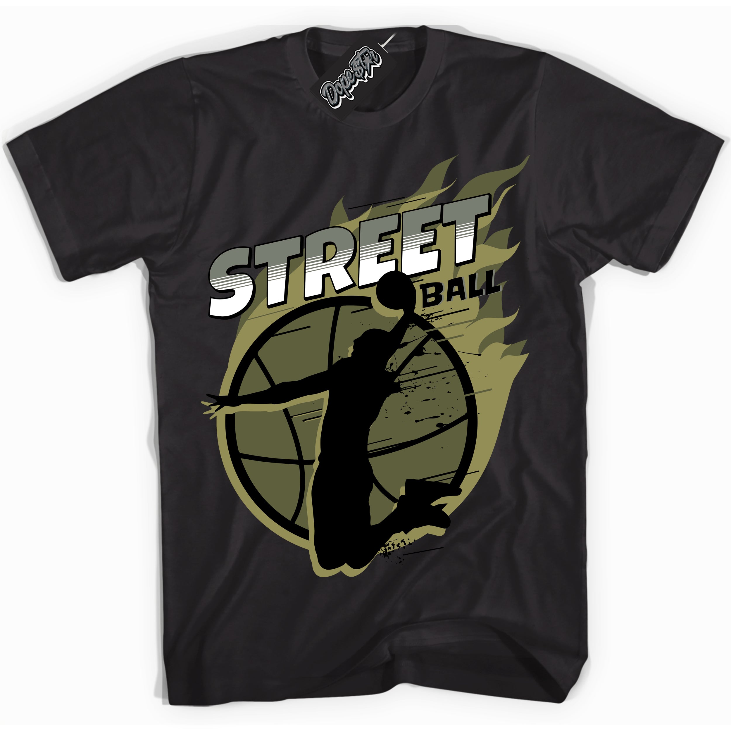 Cool Black graphic tee with “ Street Ball ” print, that perfectly matches Craft Olive 4s sneakers