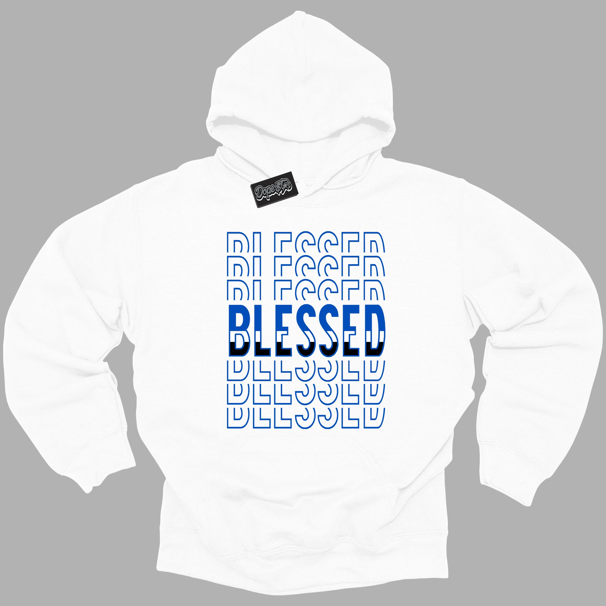 Cool White Hoodie with “ Blessed Stacked ” design that Perfectly Matches Royal Reimagined 1s Sneakers.