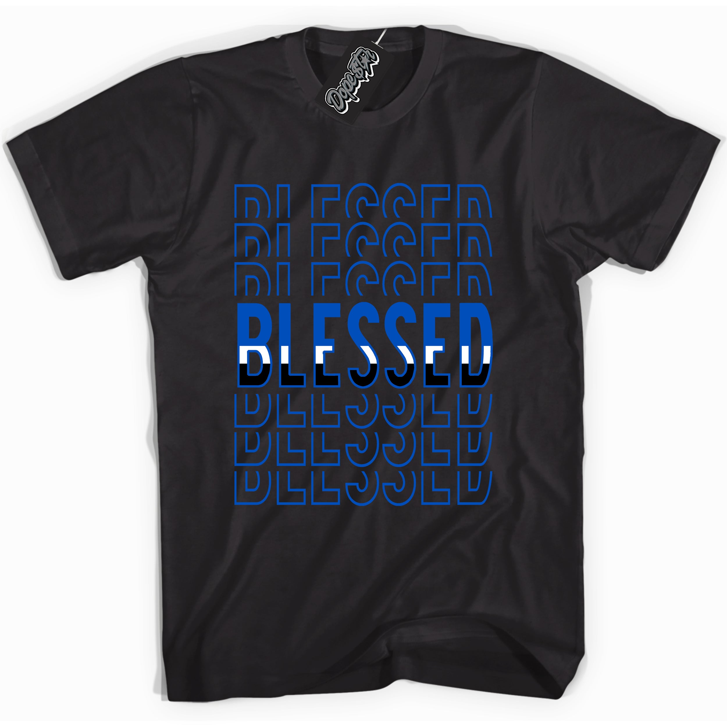 Cool Black graphic tee with Blessed Stacked print, that perfectly matches OG Royal Reimagined 1s sneakers