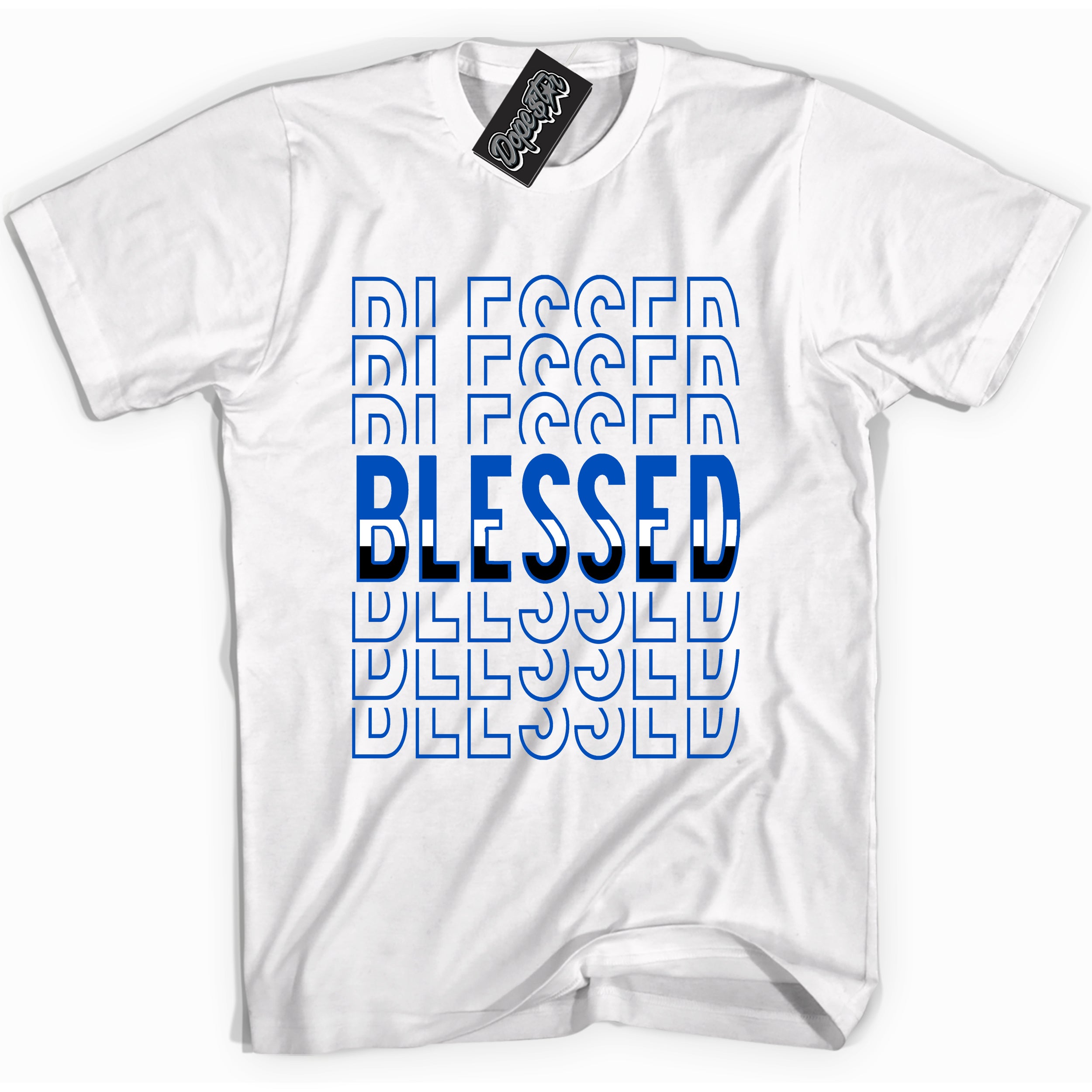 Cool White graphic tee with Blessed Stacked print, that perfectly matches OG Royal Reimagined 1s sneakers