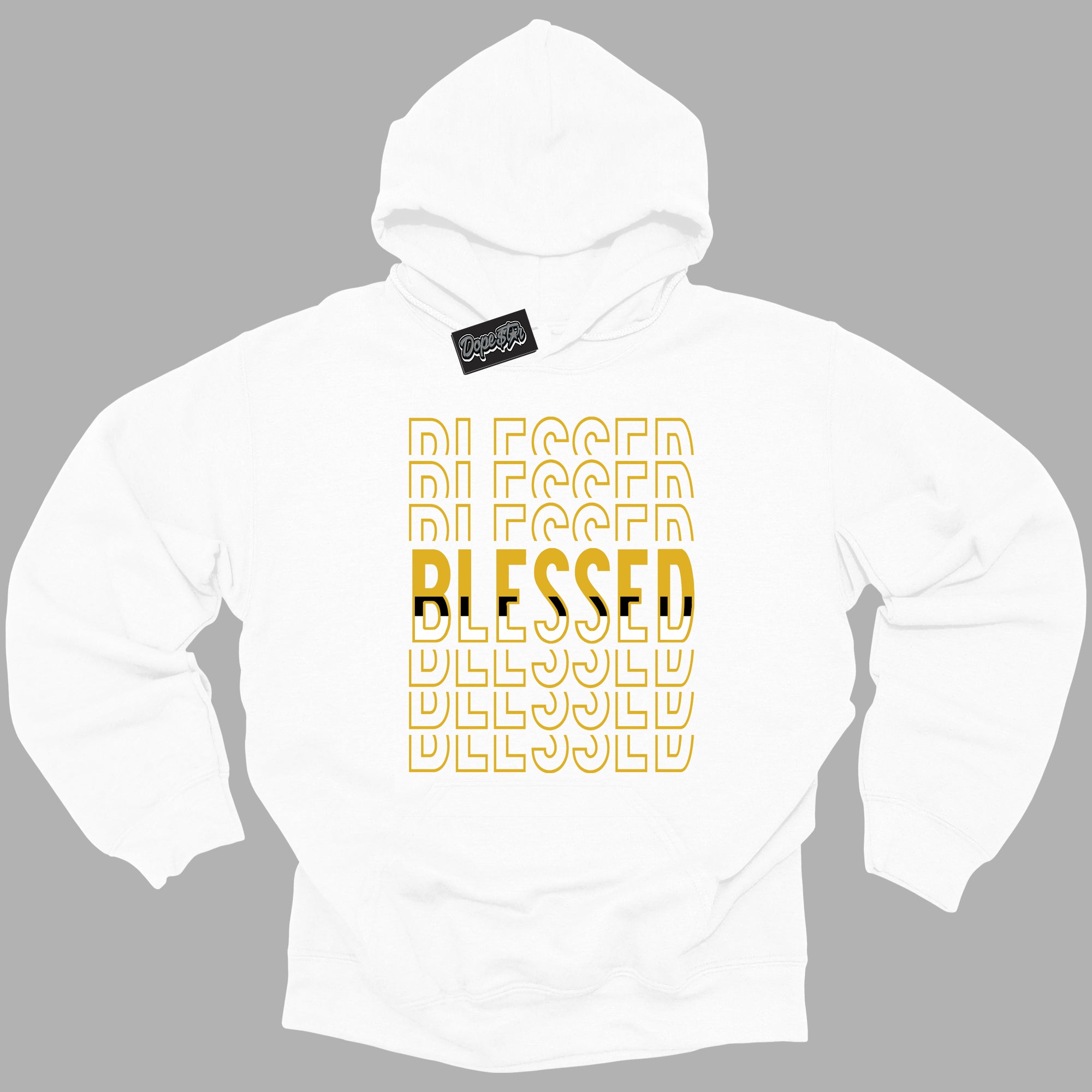 Cool White Hoodie with “ Blessed Stacked ” design that Perfectly Matches Yellow Ochre 6s Sneakers.