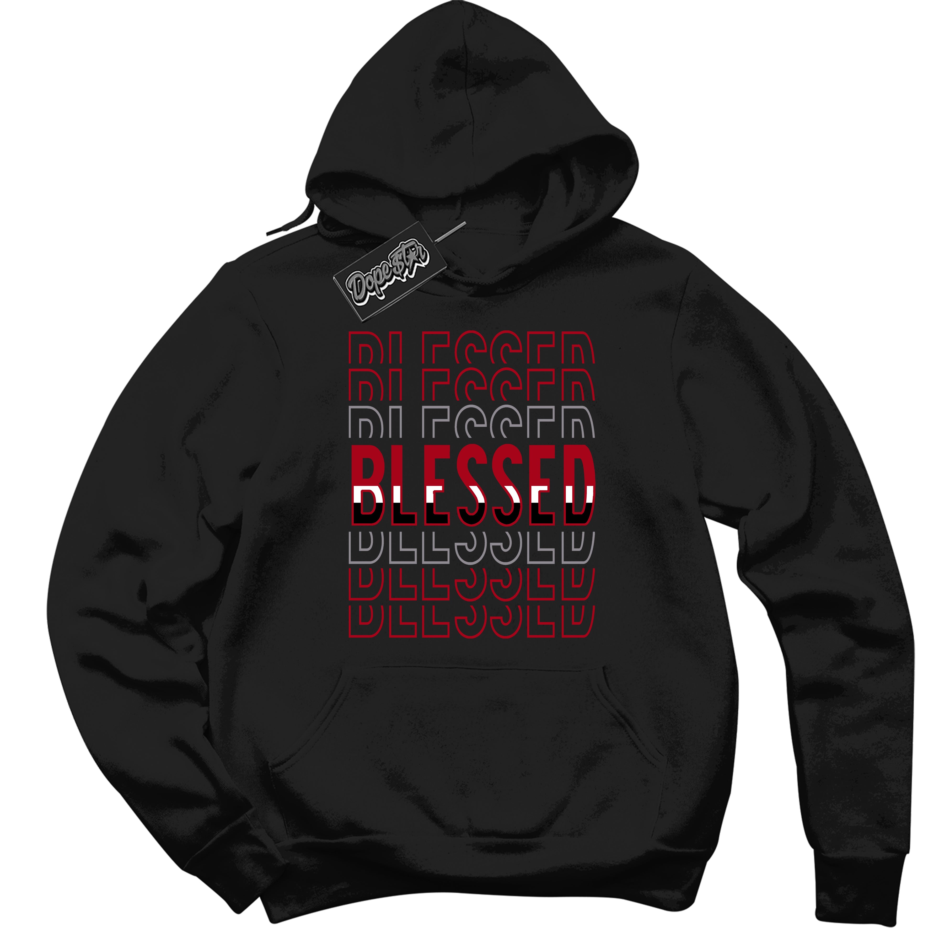 Cool Black Hoodie with “ Blessed Stacked ” design that Perfectly Matches Bred Reimagined 4s Jordans.