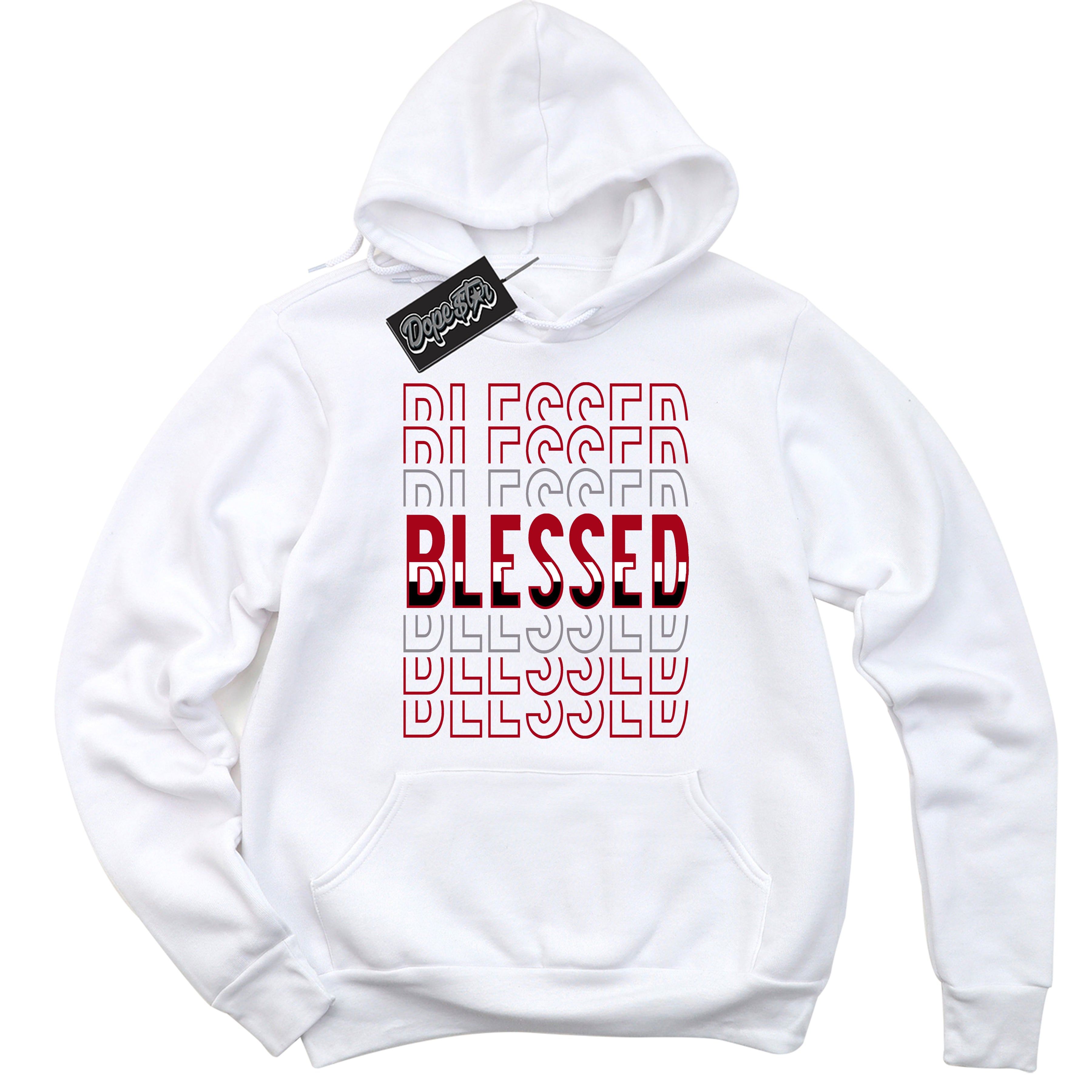 Cool White Hoodie with “ Blessed Stacked ” design that Perfectly Matches Bred Reimagined 4s Jordans.