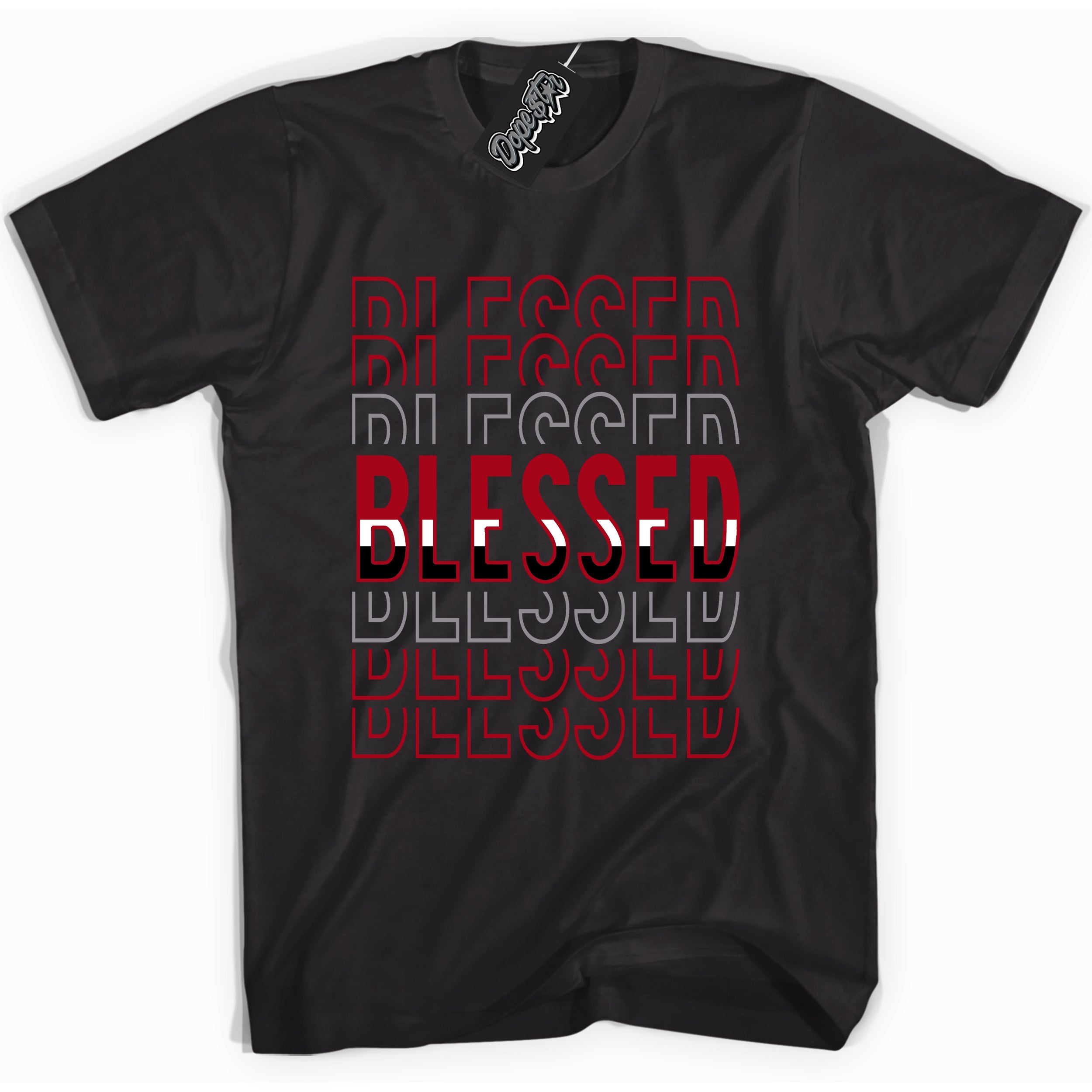 Cool Black Shirt with “ Blessed Stacked” design that perfectly matches Bred Reimagined 4s Jordans.