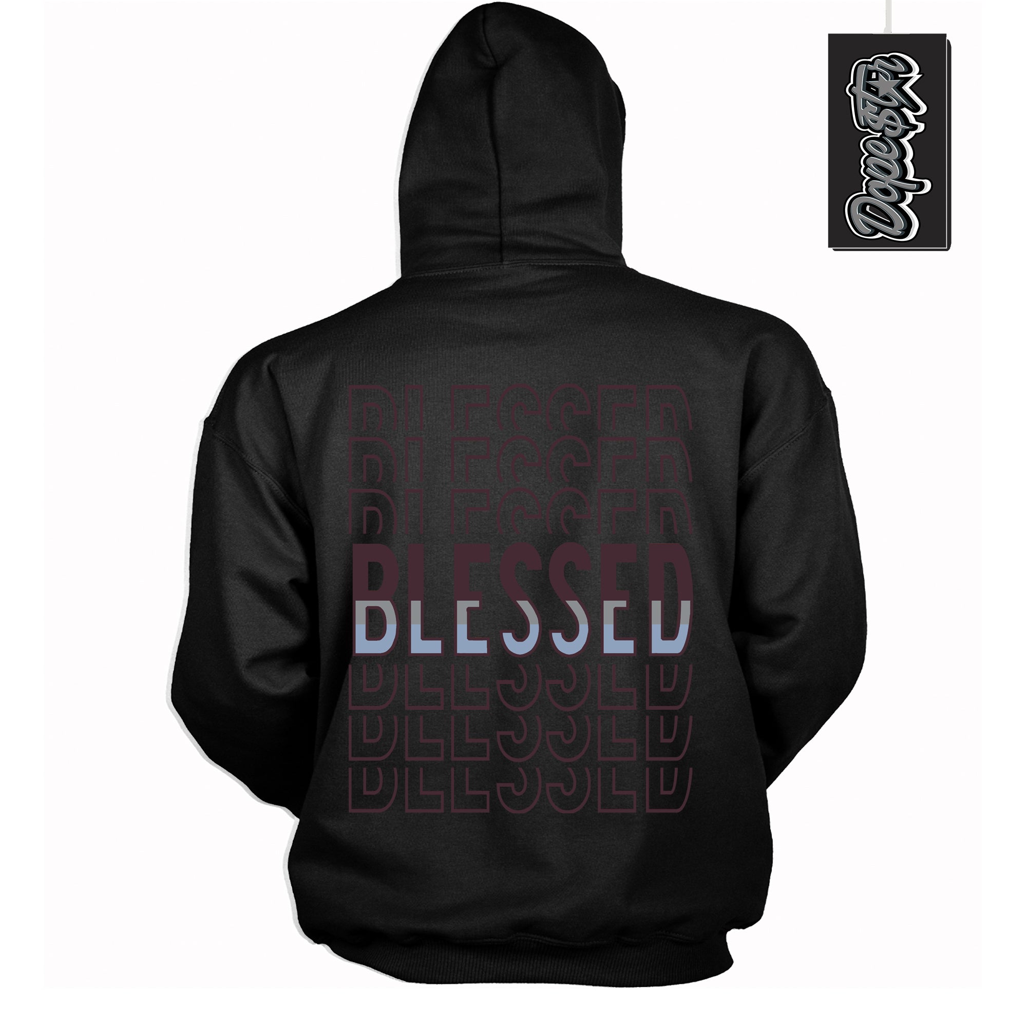 Cool Black Hoodie with “ Blessed Stacked ” design that Perfectly Matches Burgundy 5s Sneakers.