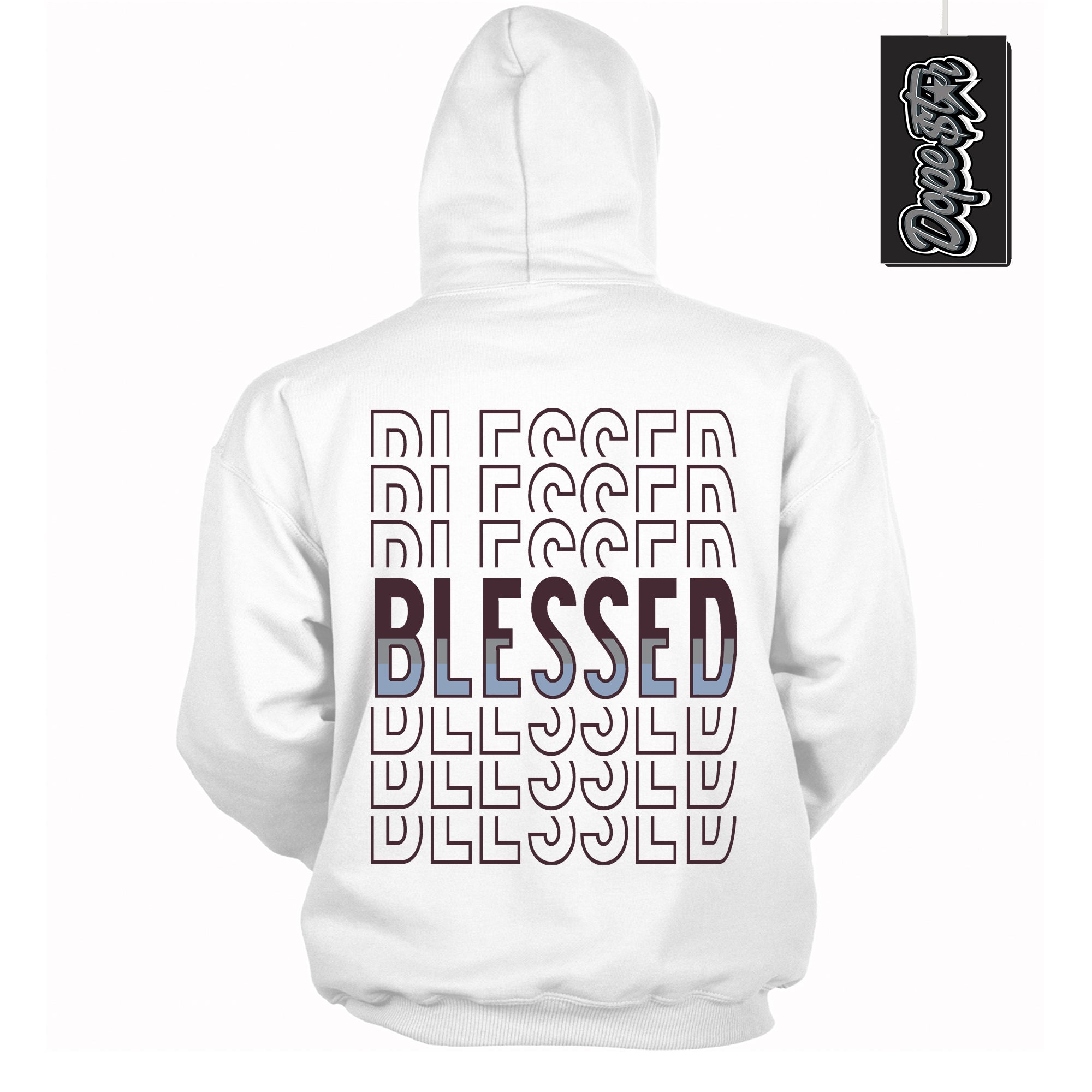 Cool White Hoodie with “ Blessed Stacked ” design that Perfectly Matches Burgundy 5s Sneakers.