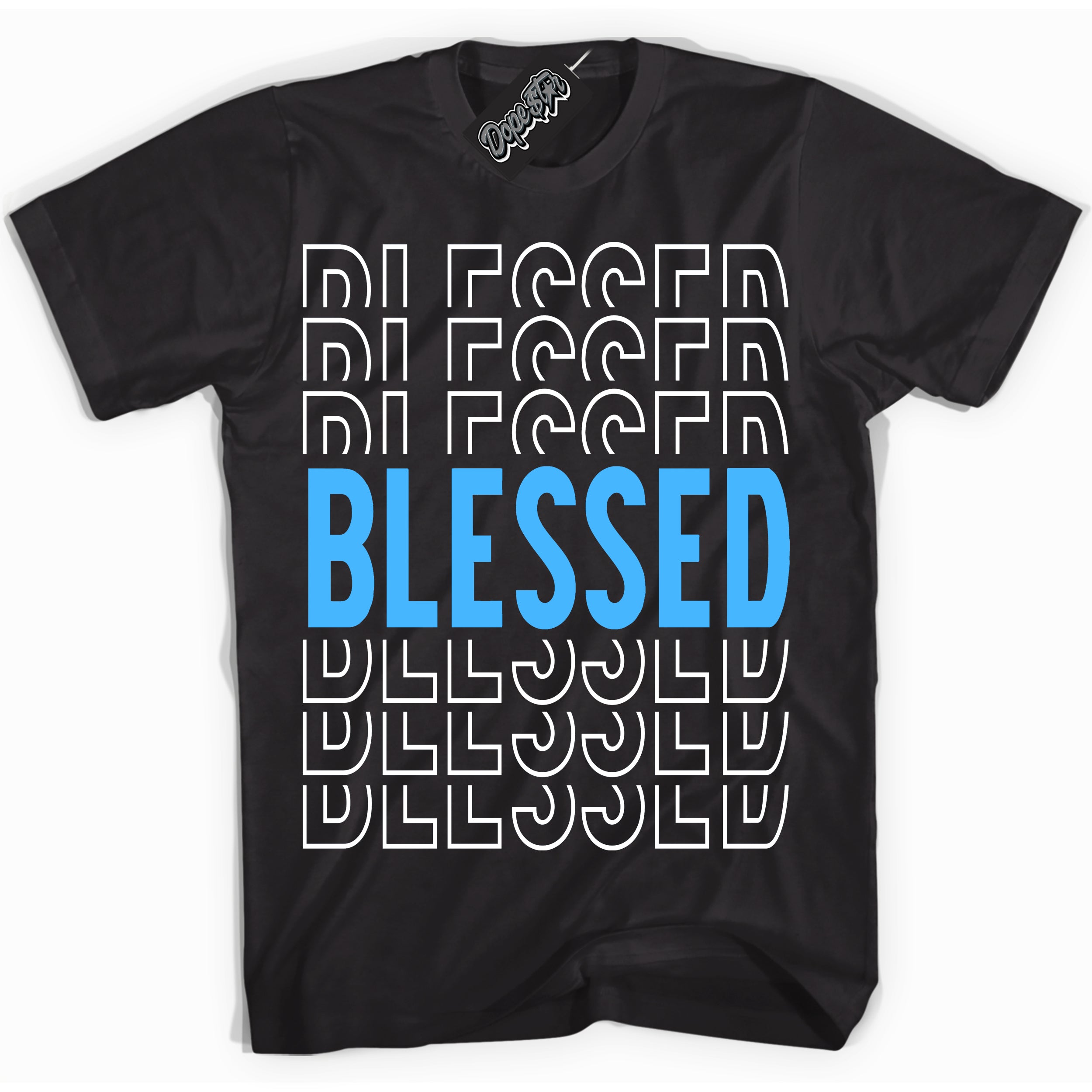 Cool Black graphic tee with “ Blessed Stacked ” design, that perfectly matches Powder Blue 9s sneakers