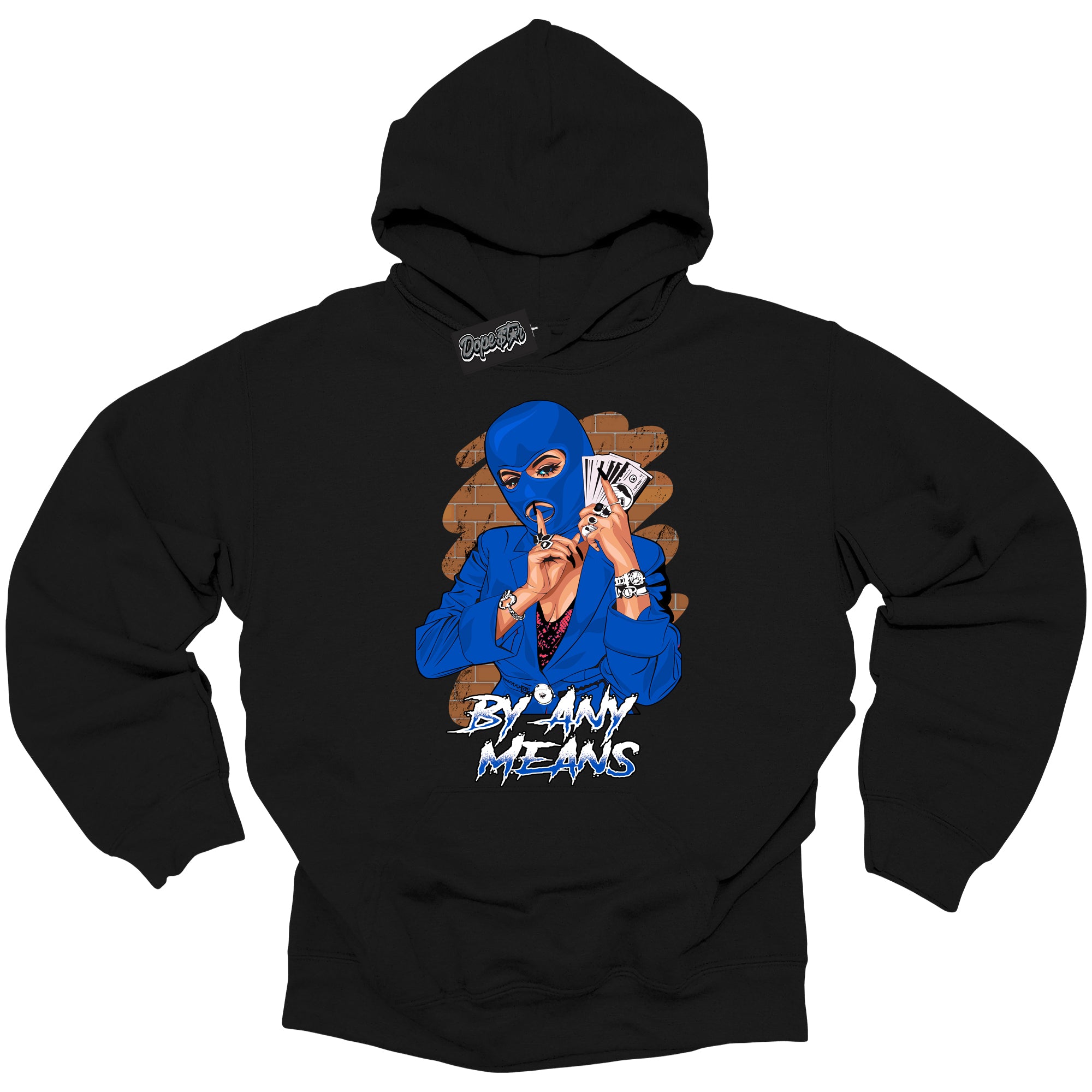 Cool Black Hoodie with “ By Any Means ” design that Perfectly Matches Royal Reimagined 1s Sneakers.