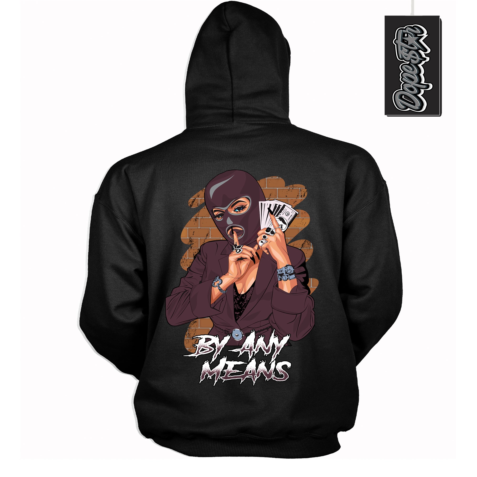 Cool Black Hoodie with “ By Any Means ” design that Perfectly Matches Burgundy 5s Sneakers.
