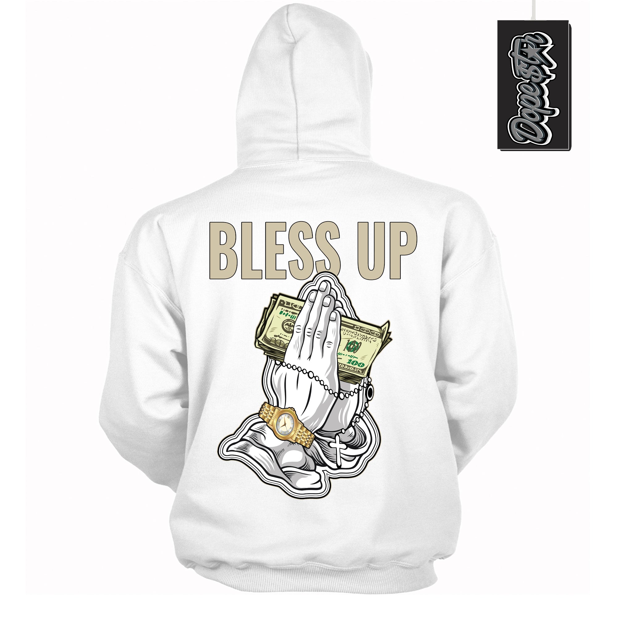 Cool White Hoodie with “ Bless Up ” design that Perfectly Matches Gratitude 11s Sneakers.