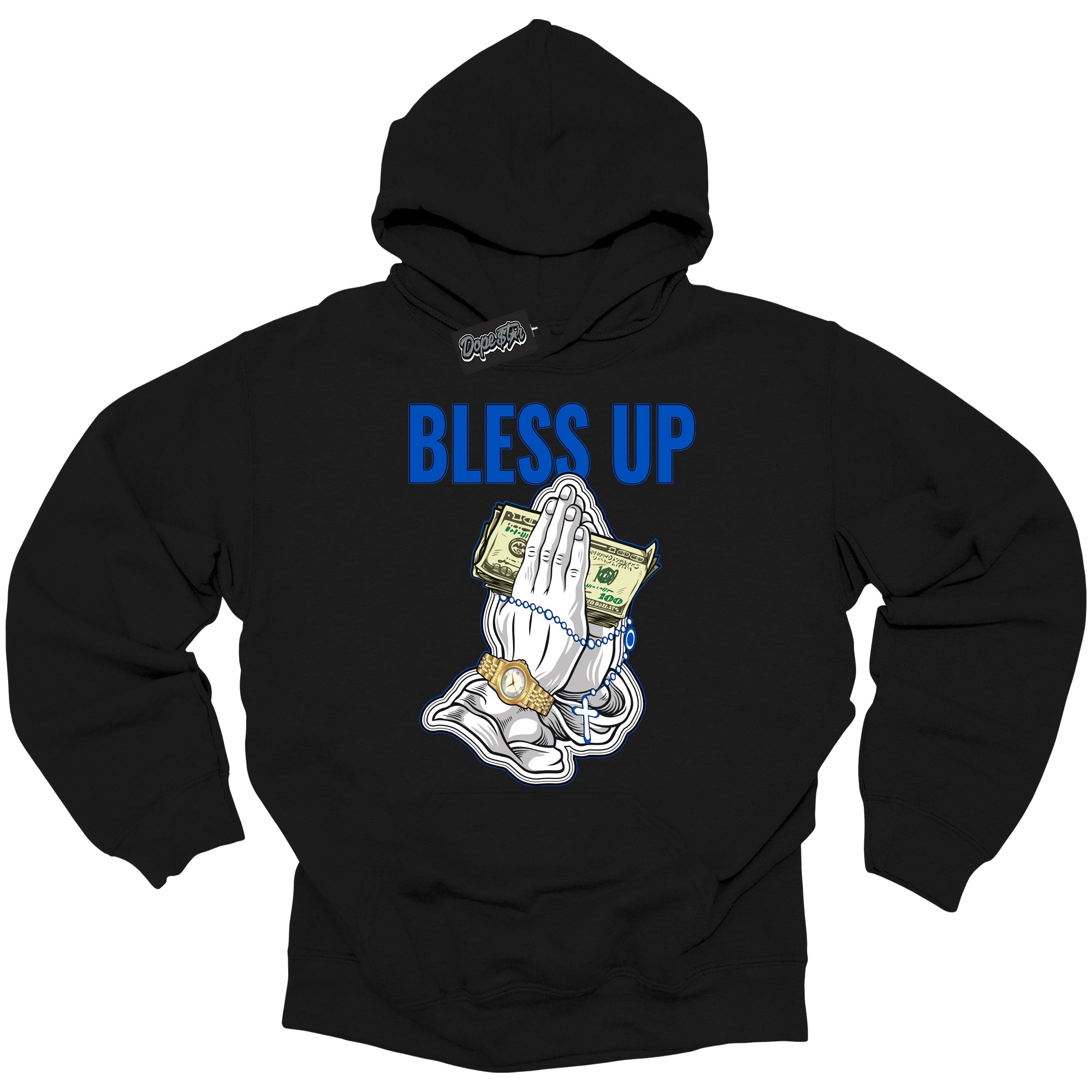 Cool Black Hoodie with “ Bless Up ” design that Perfectly Matches Royal Reimagined 1s Sneakers.