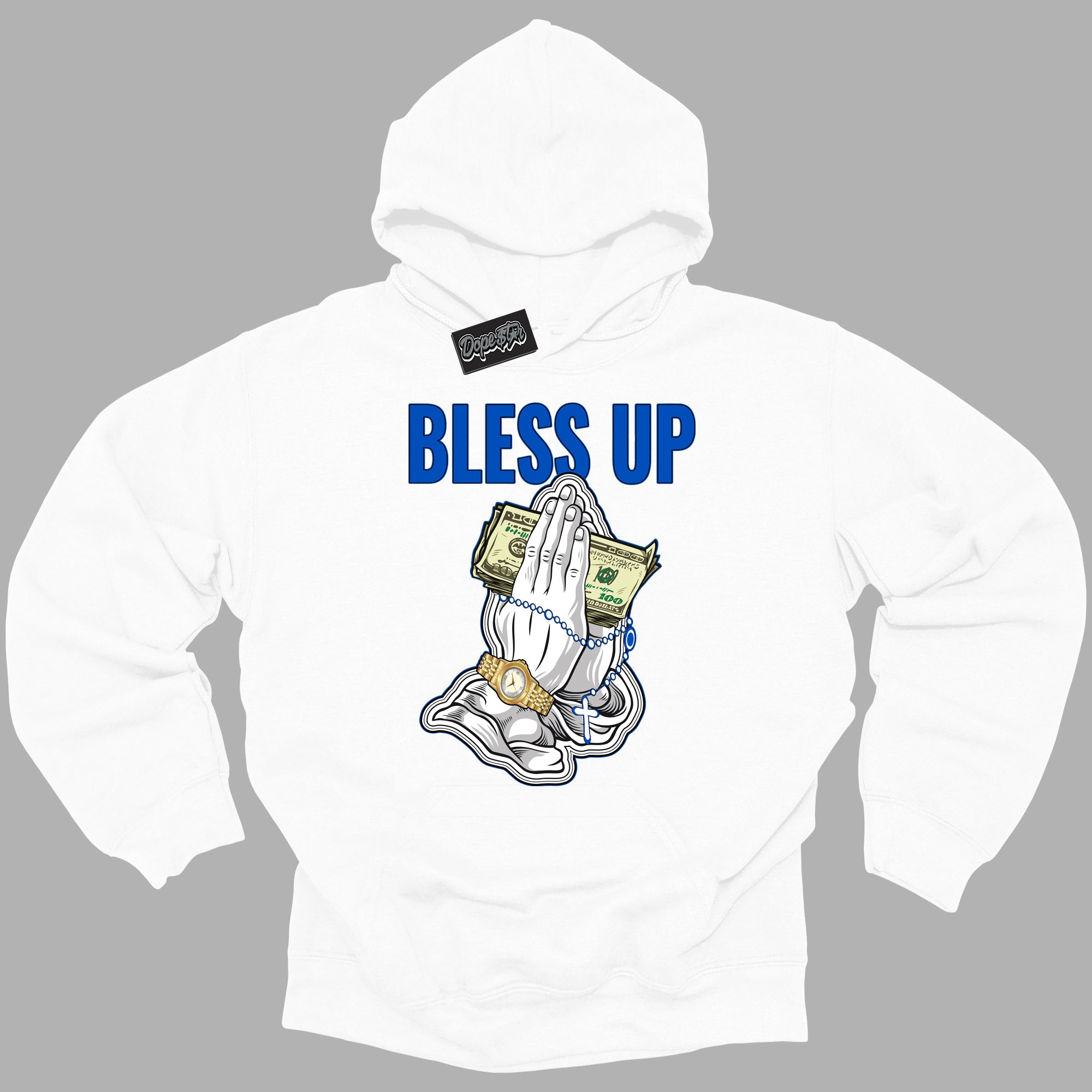 Cool White Hoodie with “ Bless Up ” design that Perfectly Matches Royal Reimagined 1s Sneakers.