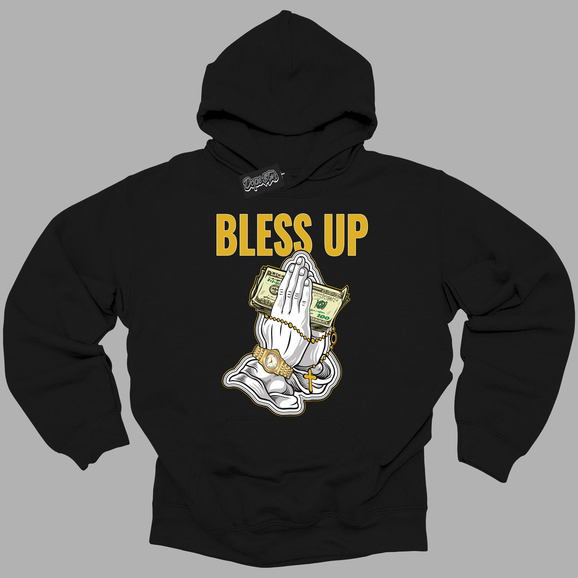 Cool Black Hoodie with “ Bless Up ” design that Perfectly Matches Yellow Ochre 6s Sneakers.