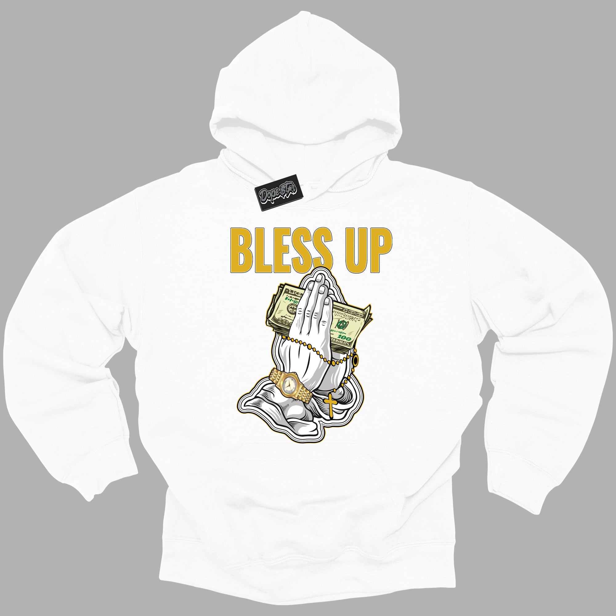 Cool White Hoodie with “ Bless Up ” design that Perfectly Matches Yellow Ochre 6s Sneakers.