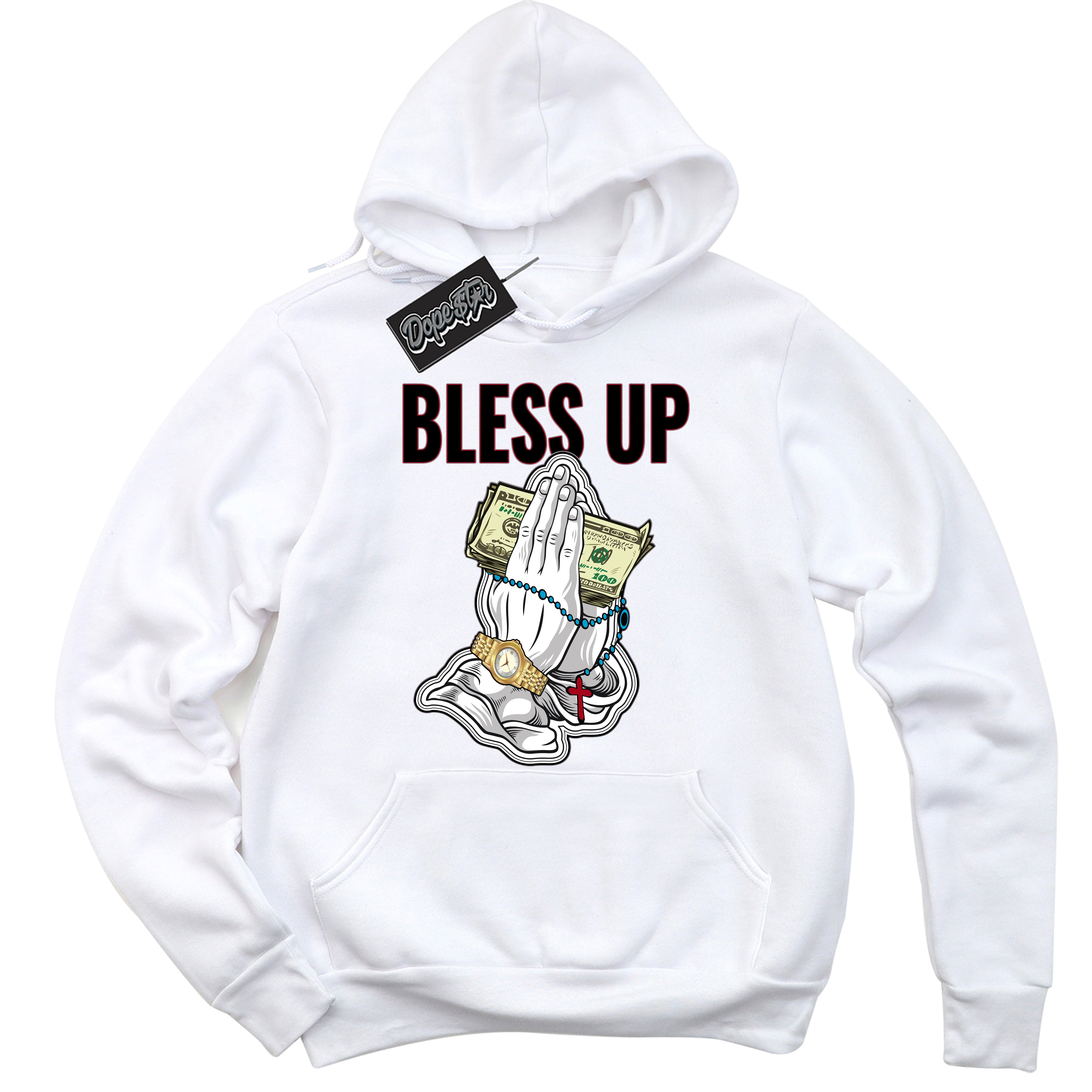 Cool White Hoodie with “ Bless Up ” design that Perfectly Matches Bred Reimagined 4s Jordans.
