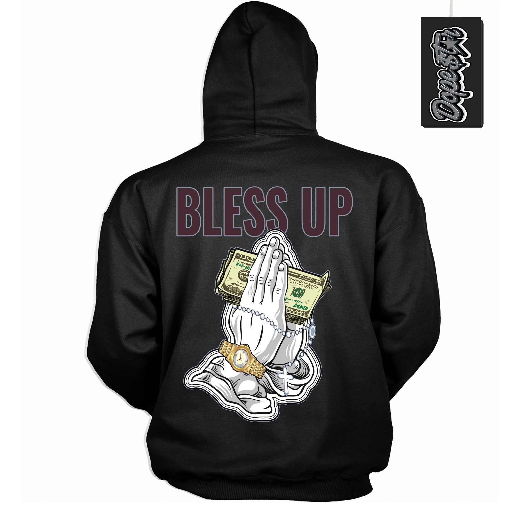 Cool Black Hoodie with “ Bless Up ” design that Perfectly Matches Burgundy 5s Sneakers.