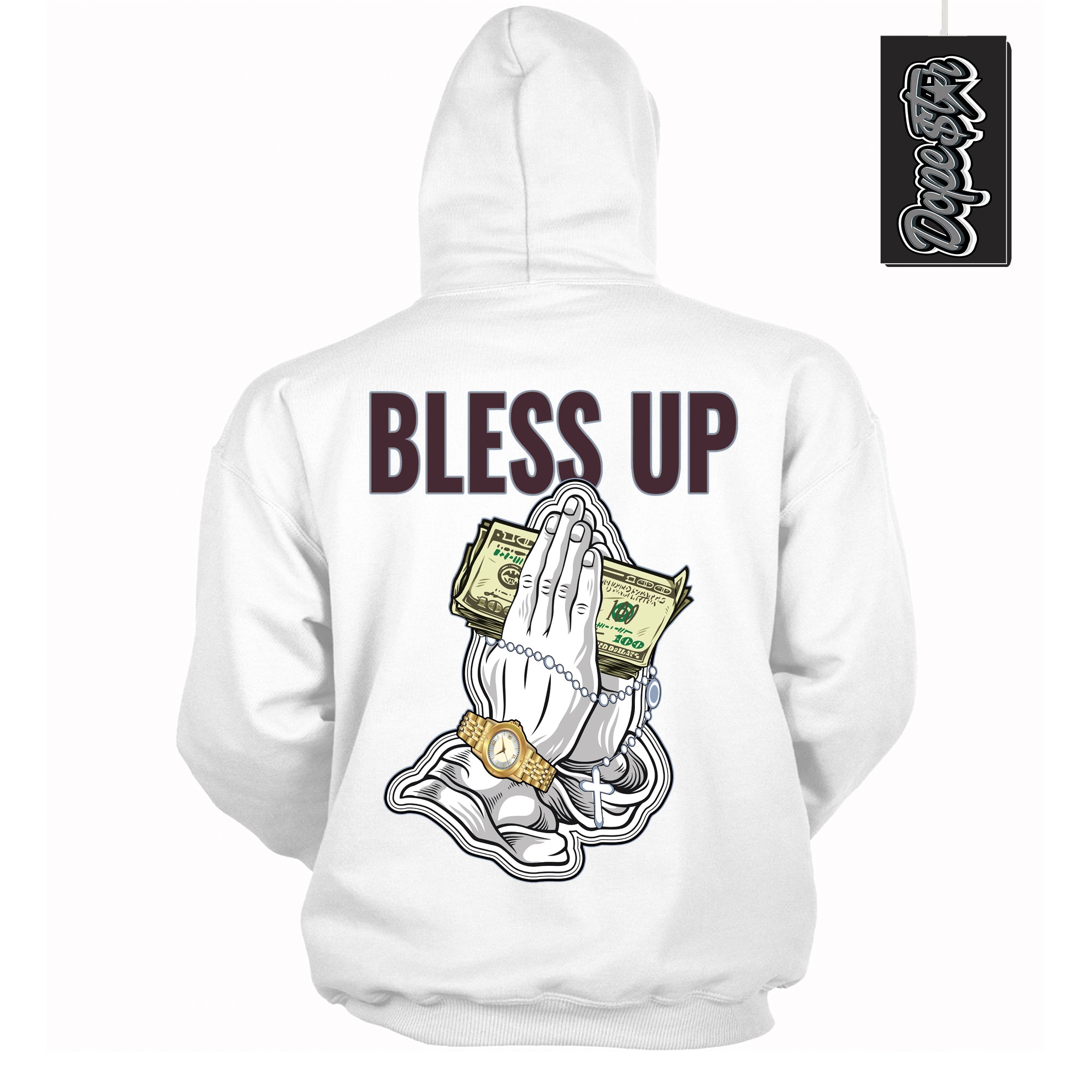 Cool White Hoodie with “ Bless Up ” design that Perfectly Matches Burgundy 5s Sneakers.