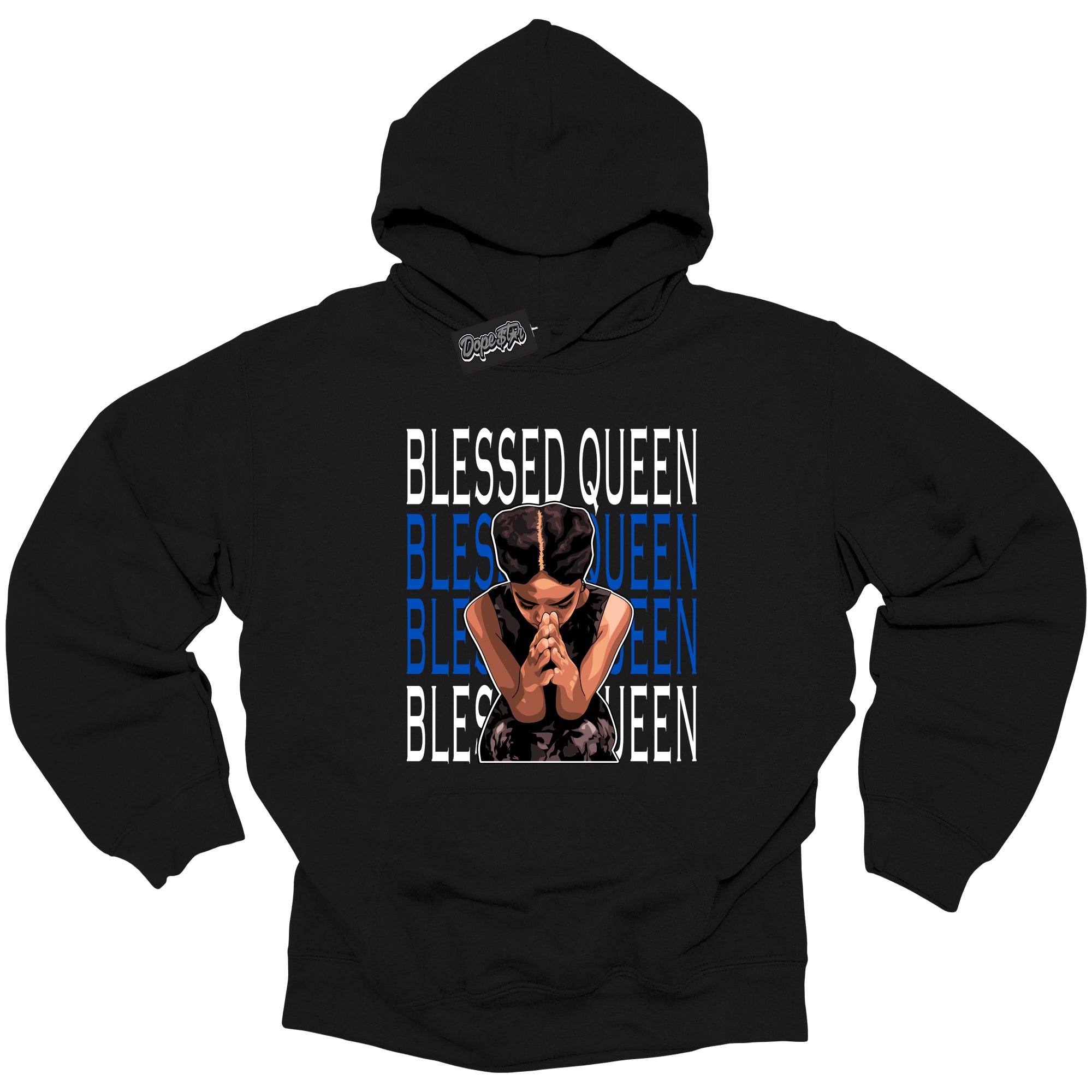 Cool Black Hoodie with “ Blessed Queen ” design that Perfectly Matches Royal Reimagined 1s Sneakers.