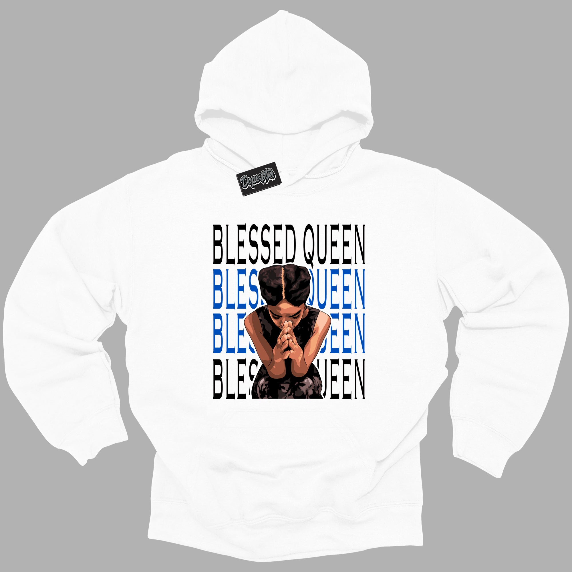 Cool White Hoodie with “ Blessed Queen ” design that Perfectly Matches Royal Reimagined 1s Sneakers.