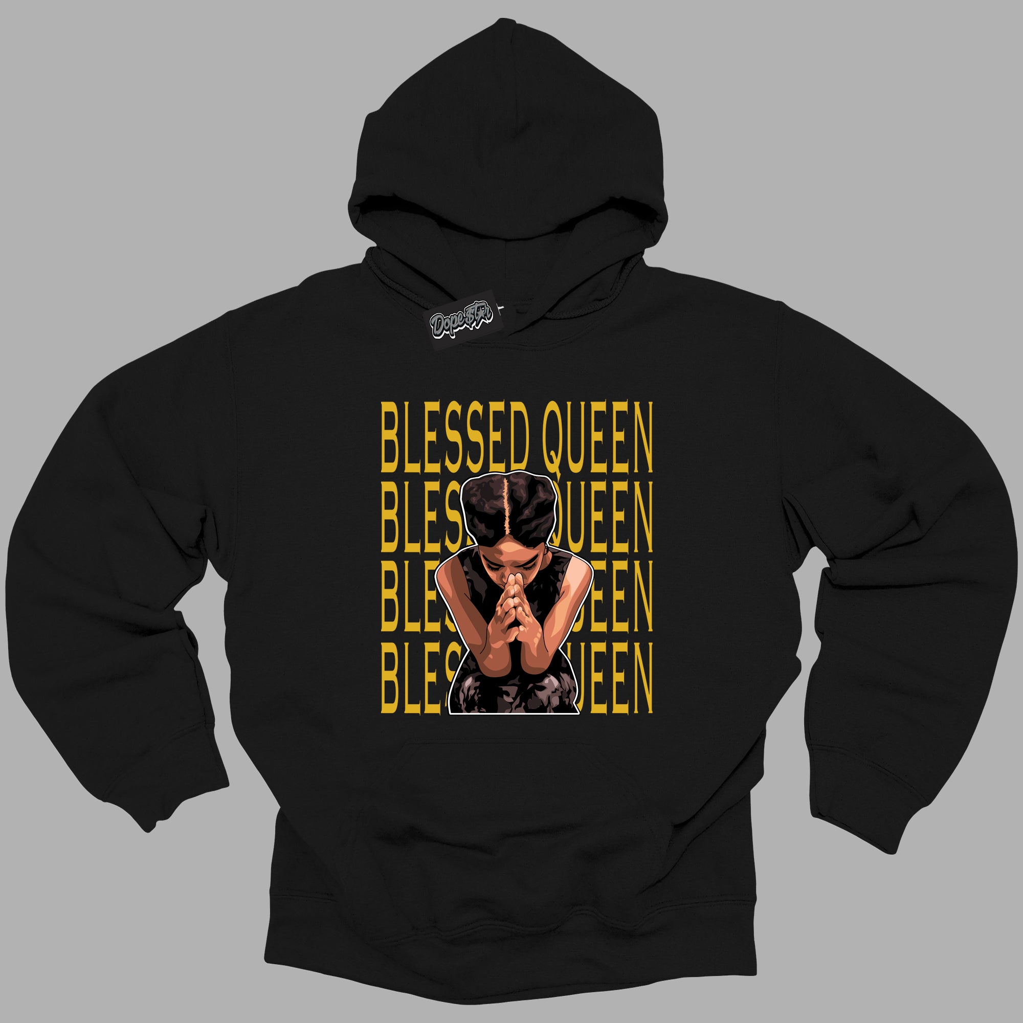 Cool Black Hoodie with “ Blessed Queen ” design that Perfectly Matches Yellow Ochre 6s Sneakers.