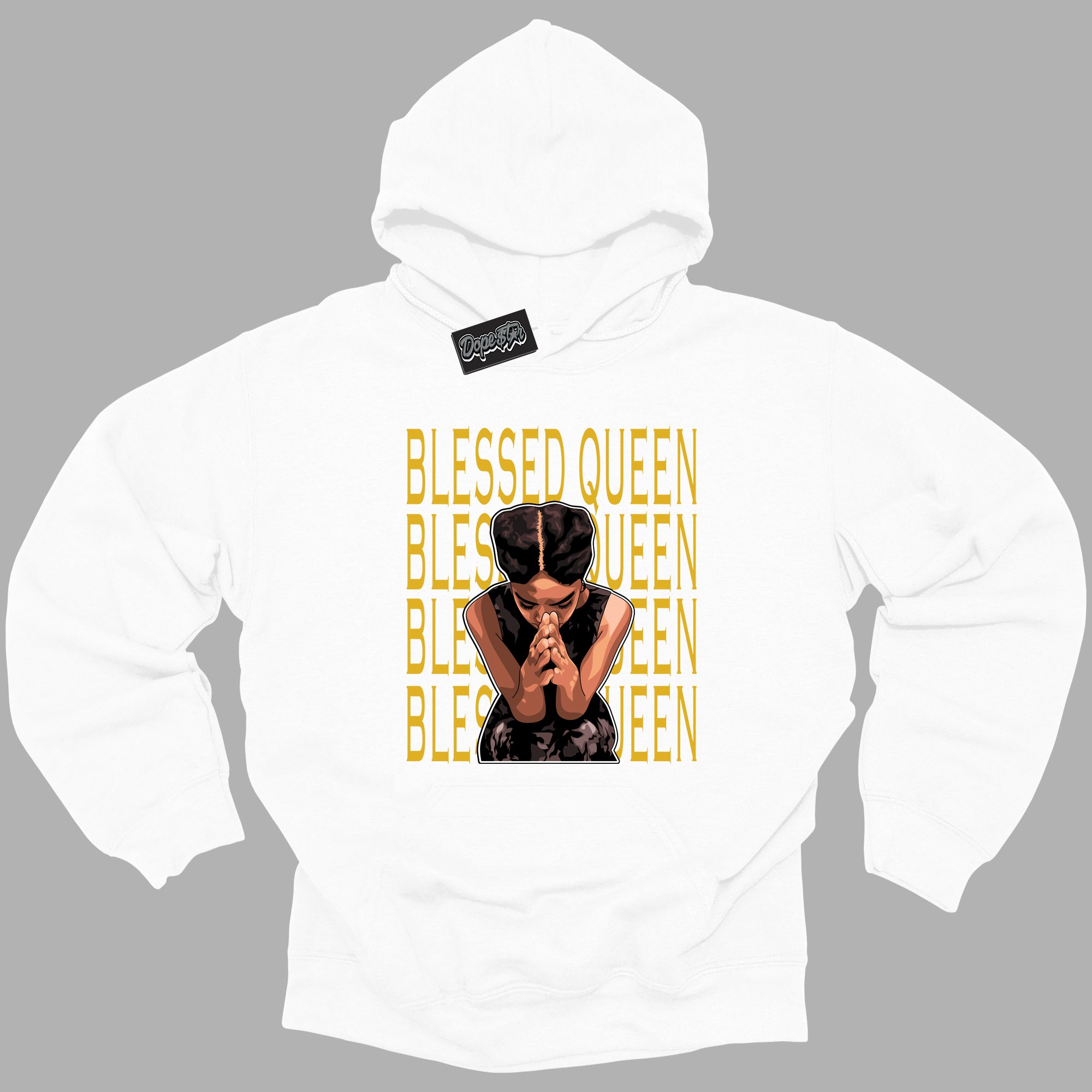 Cool White Hoodie with “ Blessed Queen ” design that Perfectly Matches Yellow Ochre 6s Sneakers.