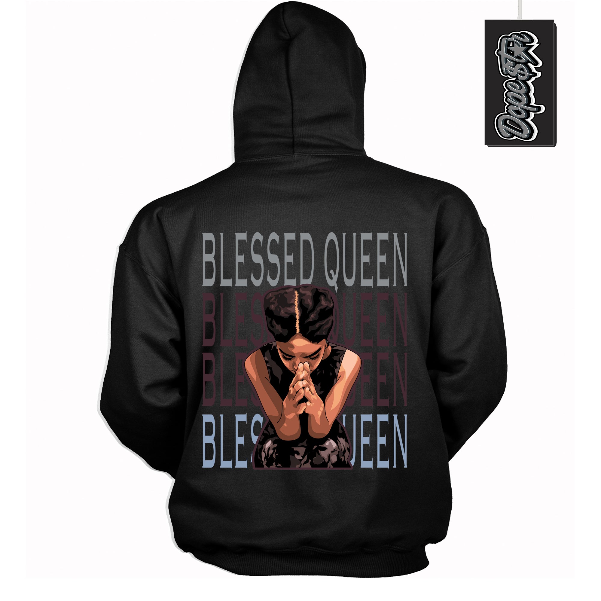 Cool Black Hoodie with “ Blessed Queen ” design that Perfectly Matches Burgundy 5s Sneakers.