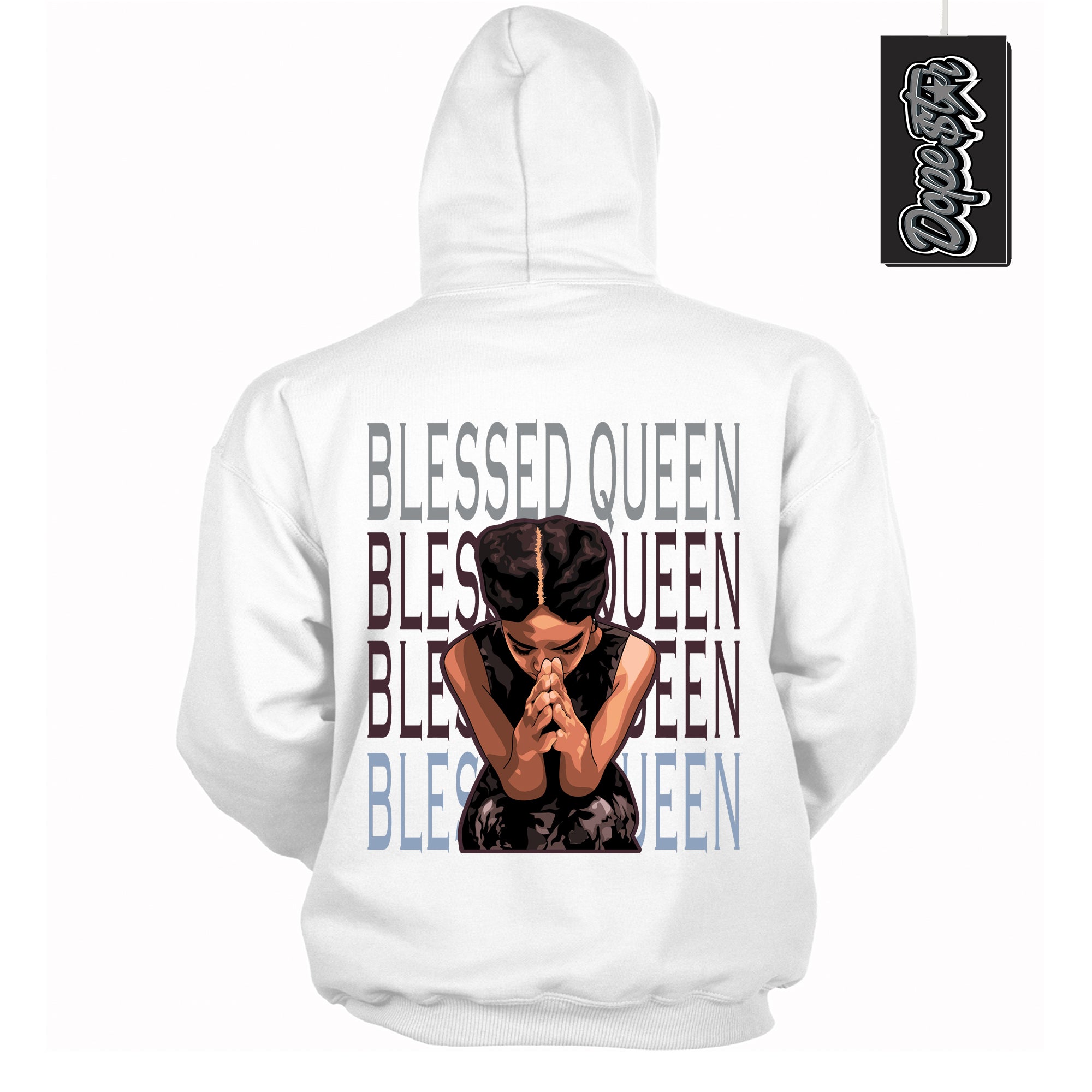 Cool White Hoodie with “ Blessed Queen ” design that Perfectly Matches Burgundy 5s Sneakers.