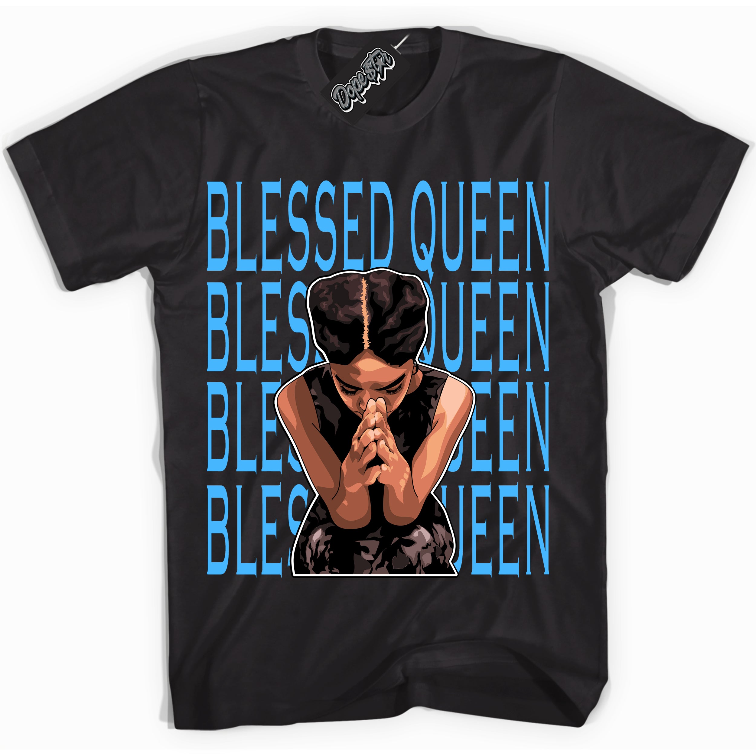 Cool Black graphic tee with “ Blessed Queen ” design, that perfectly matches Powder Blue 9s sneakers