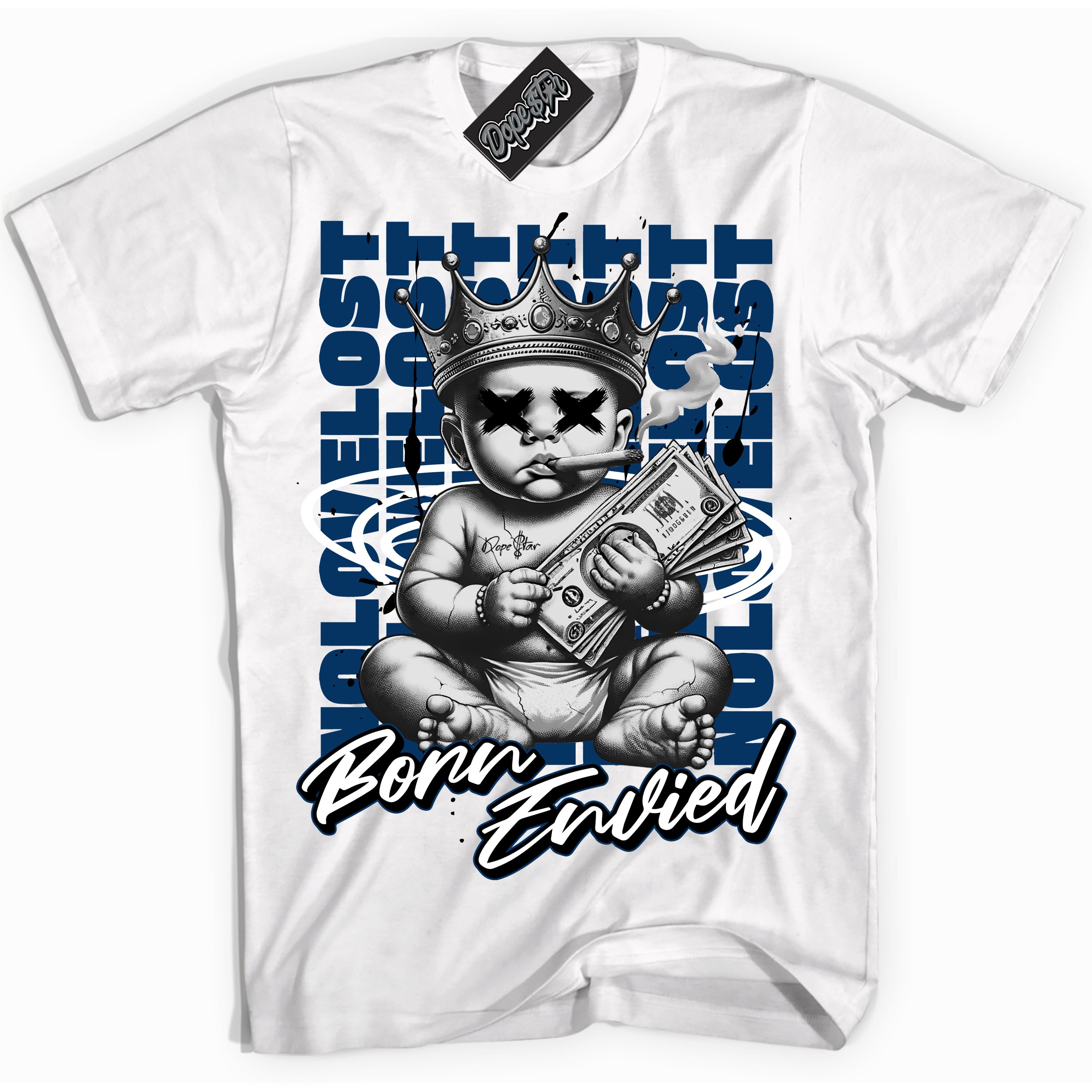 Cool White Shirt with “Born Envied” design that perfectly matches the Midnight Navy 1s Sneakers.