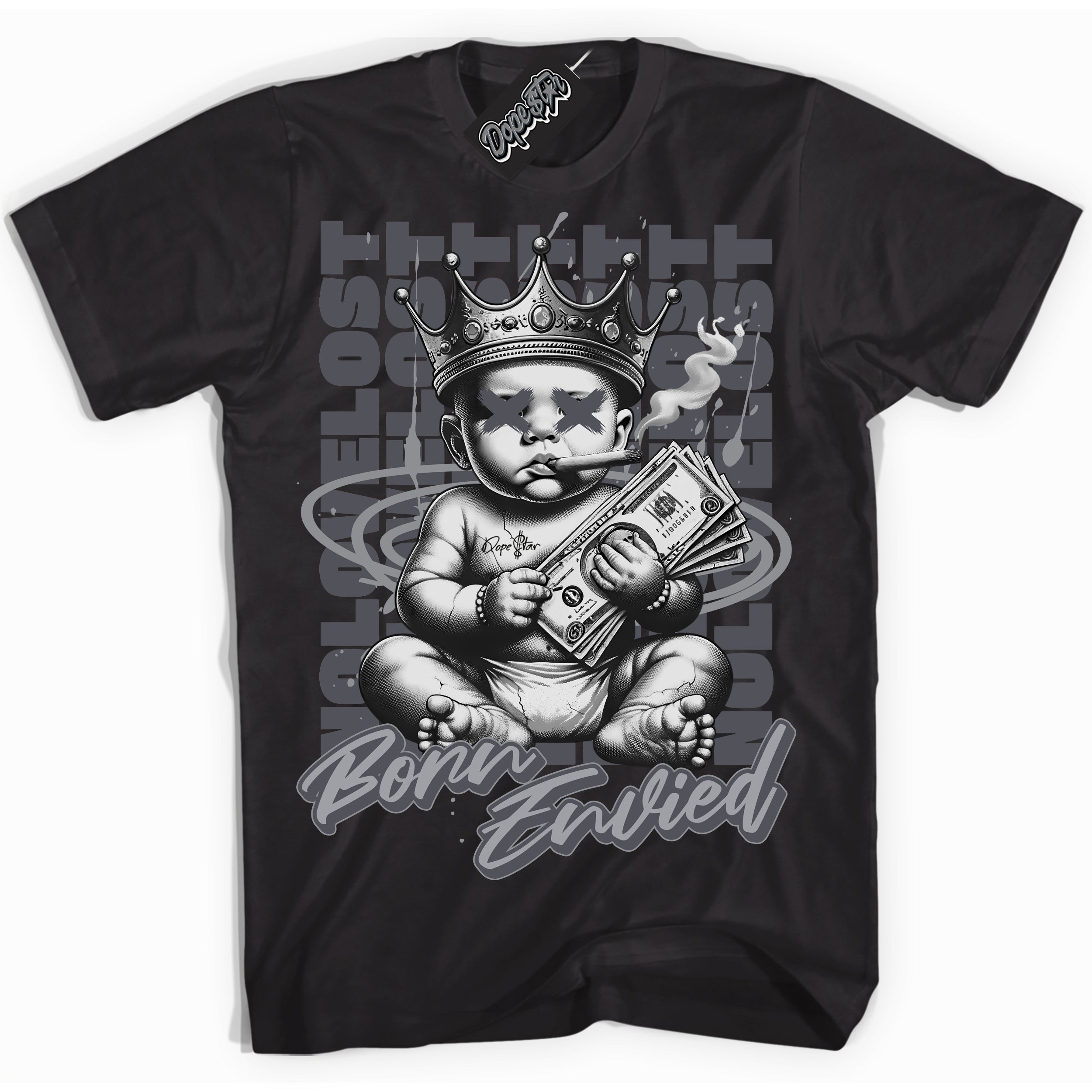 Cool Black Shirt with “Born Envied” design that perfectly matches the Paris Olympics Wet Cement 4s Sneakers.