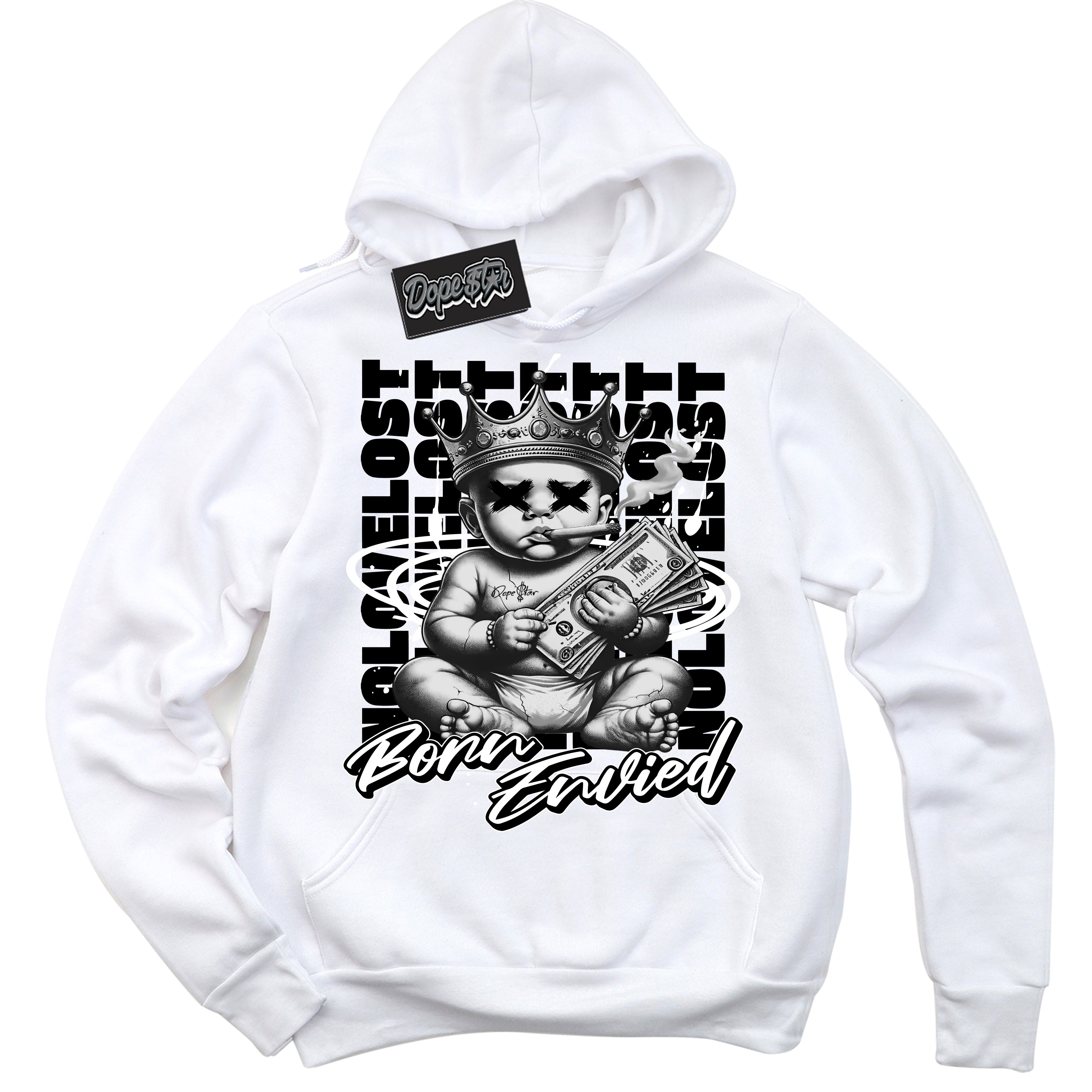 Cool White Hoodie with “Born Envied” design that Perfectly Matches White Thunder 4s Sneakers.