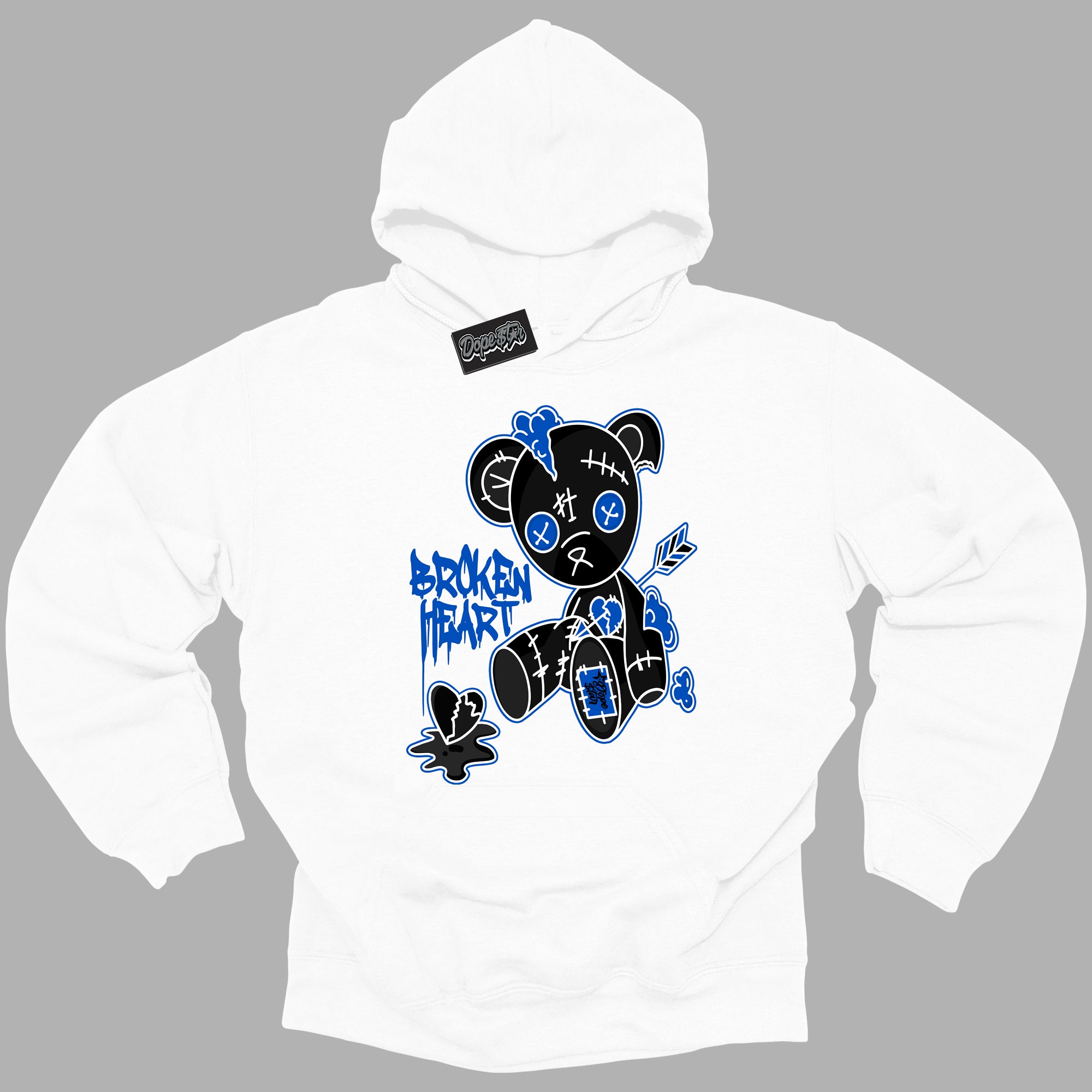 Cool White Hoodie with “ Broken Heart Bear ” design that Perfectly Matches Royal Reimagined 1s Sneakers.
