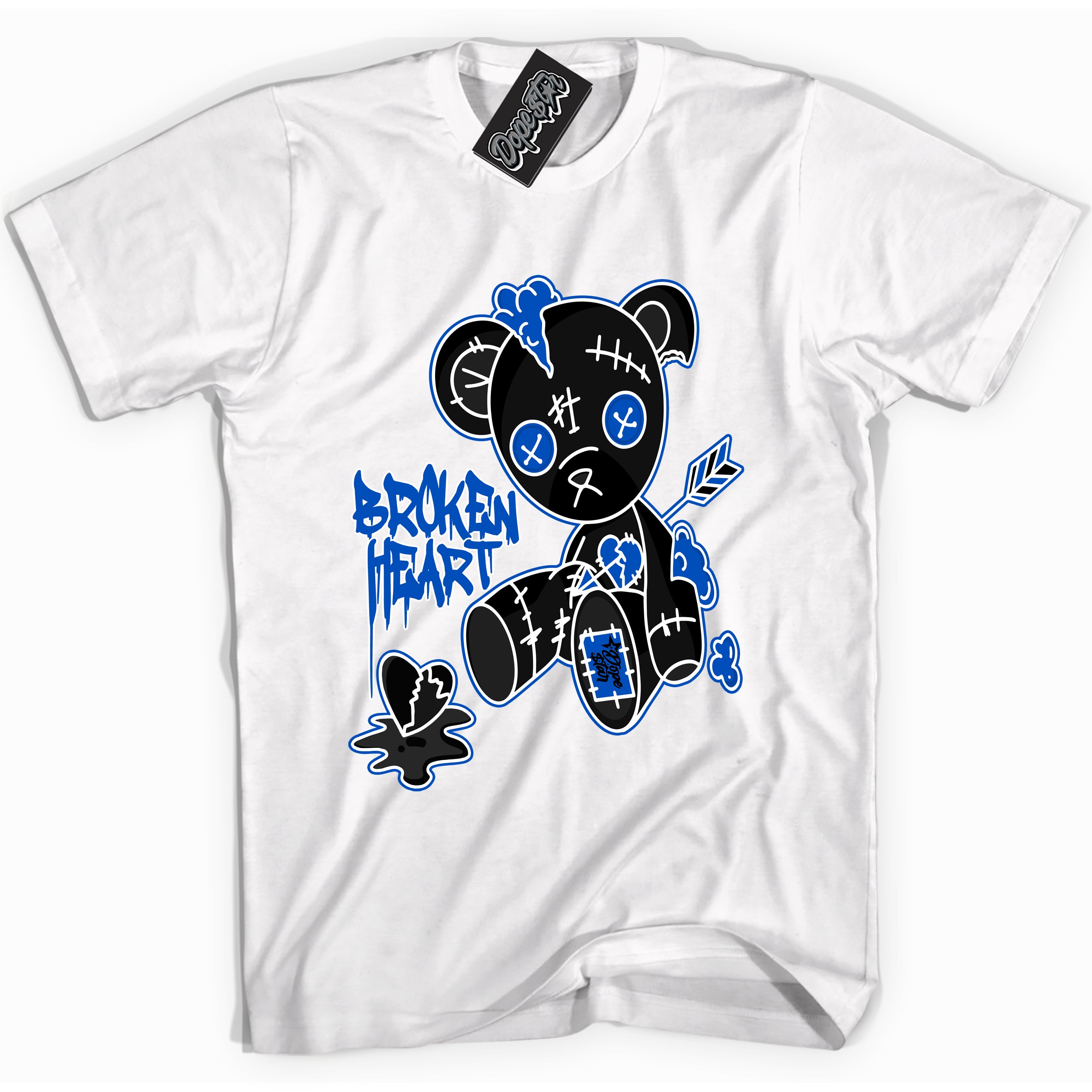 Cool White graphic tee with Broken Heart Bear print, that perfectly matches OG Royal Reimagined 1s sneakers