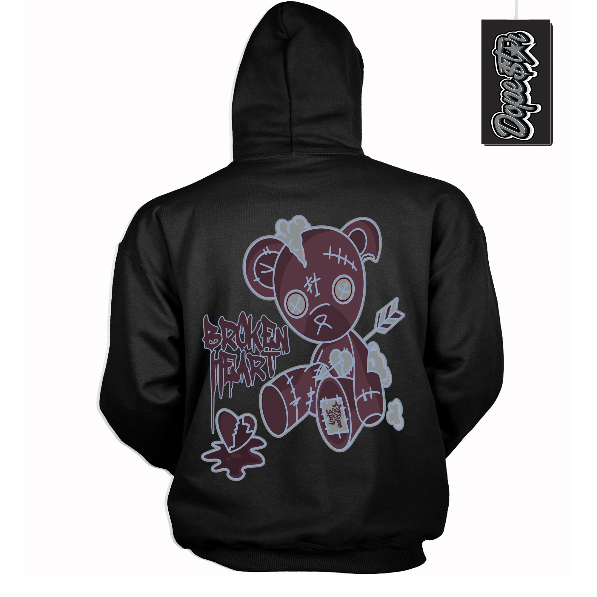 Cool Black Hoodie with “ Broken Heart Bear ” design that Perfectly Matches Burgundy 5s Sneakers.