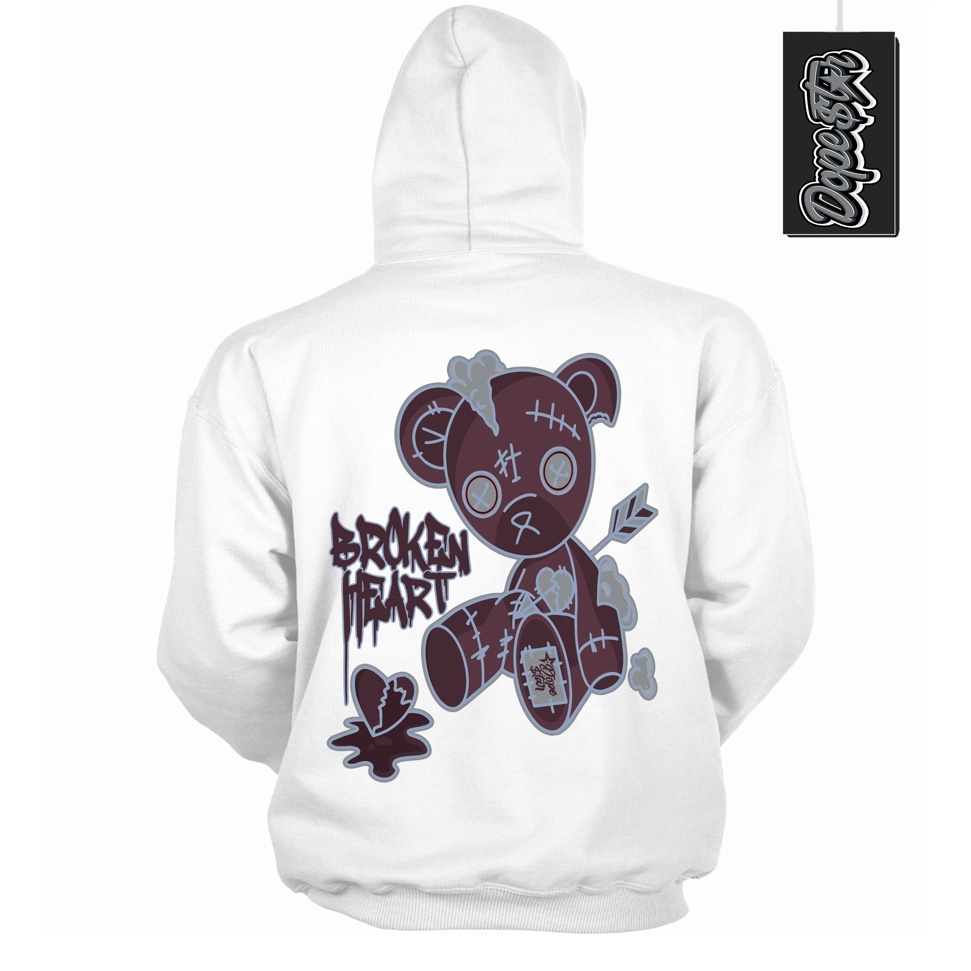 Cool White Hoodie with “ Broken Heart Bear ” design that Perfectly Matches Burgundy 5s Sneakers.
