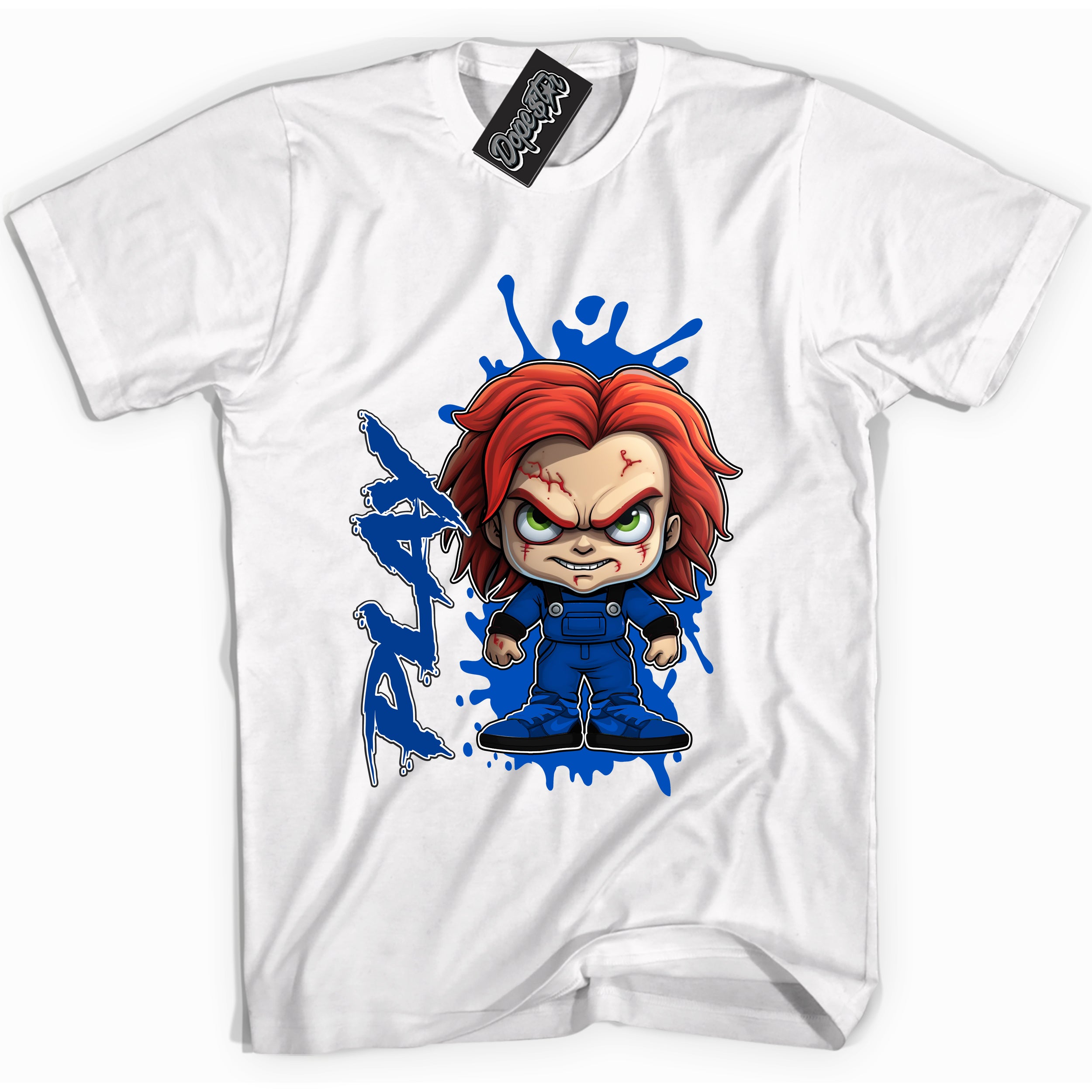 Cool White graphic tee with "Chucky Play" design, that perfectly matches Royal Reimagined 1s sneakers
