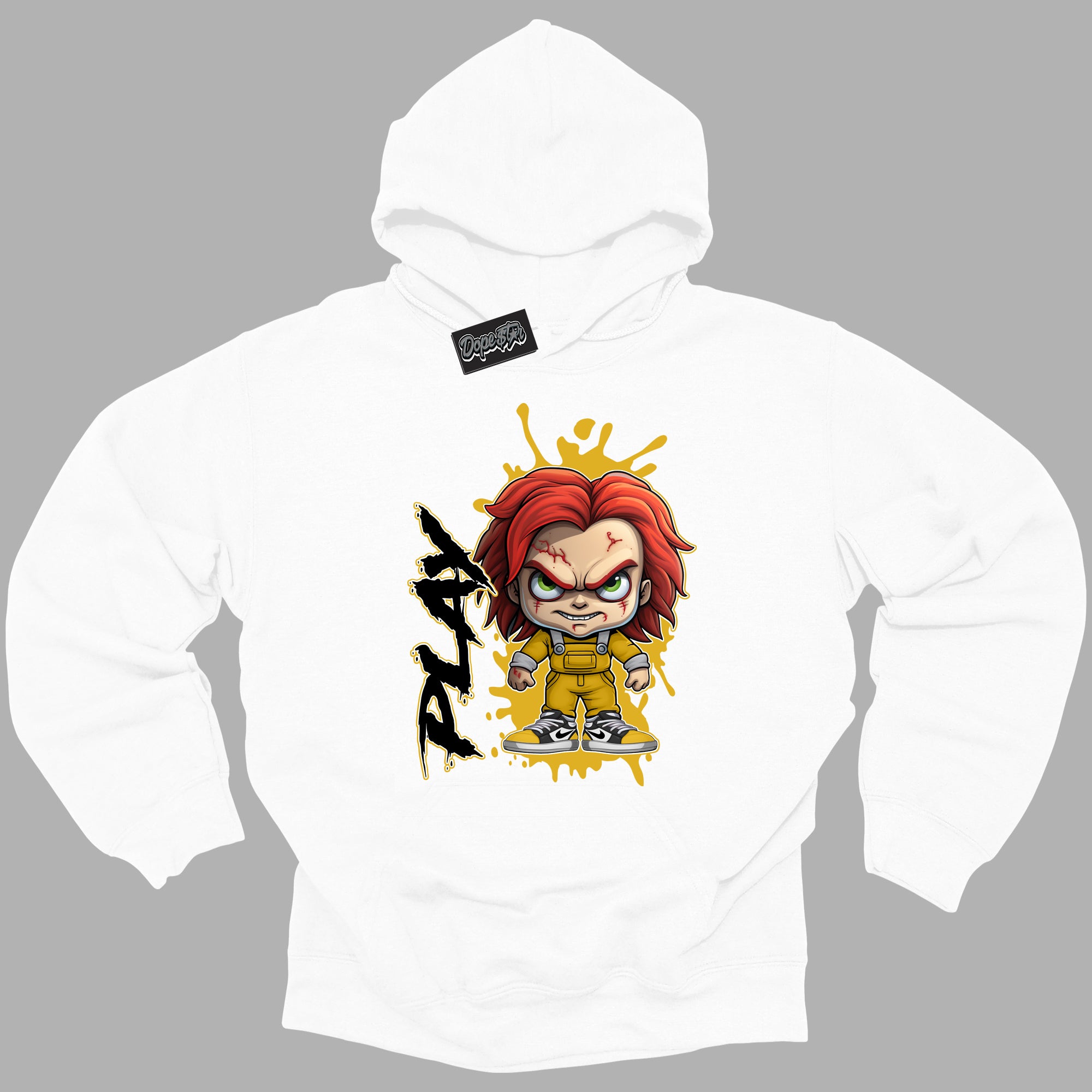 Cool White Hoodie with “ Play ” design that Perfectly Matches Yellow Ochre 6s Sneakers.