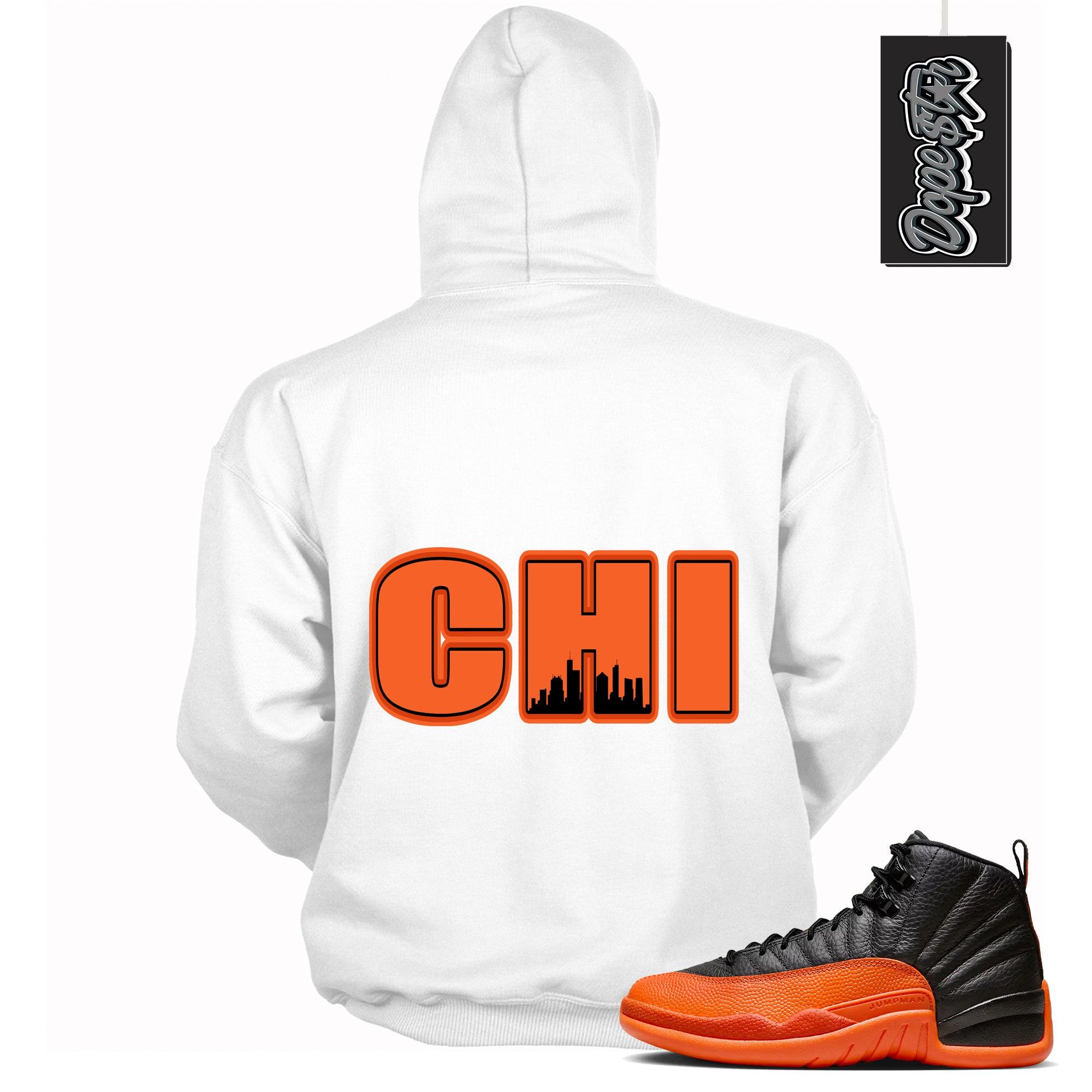 Cool White Graphic Hoodie with “ Chicago “ print, that perfectly matches Air Jordan 12 Retro WNBA All-Star Brilliant Orange sneakers