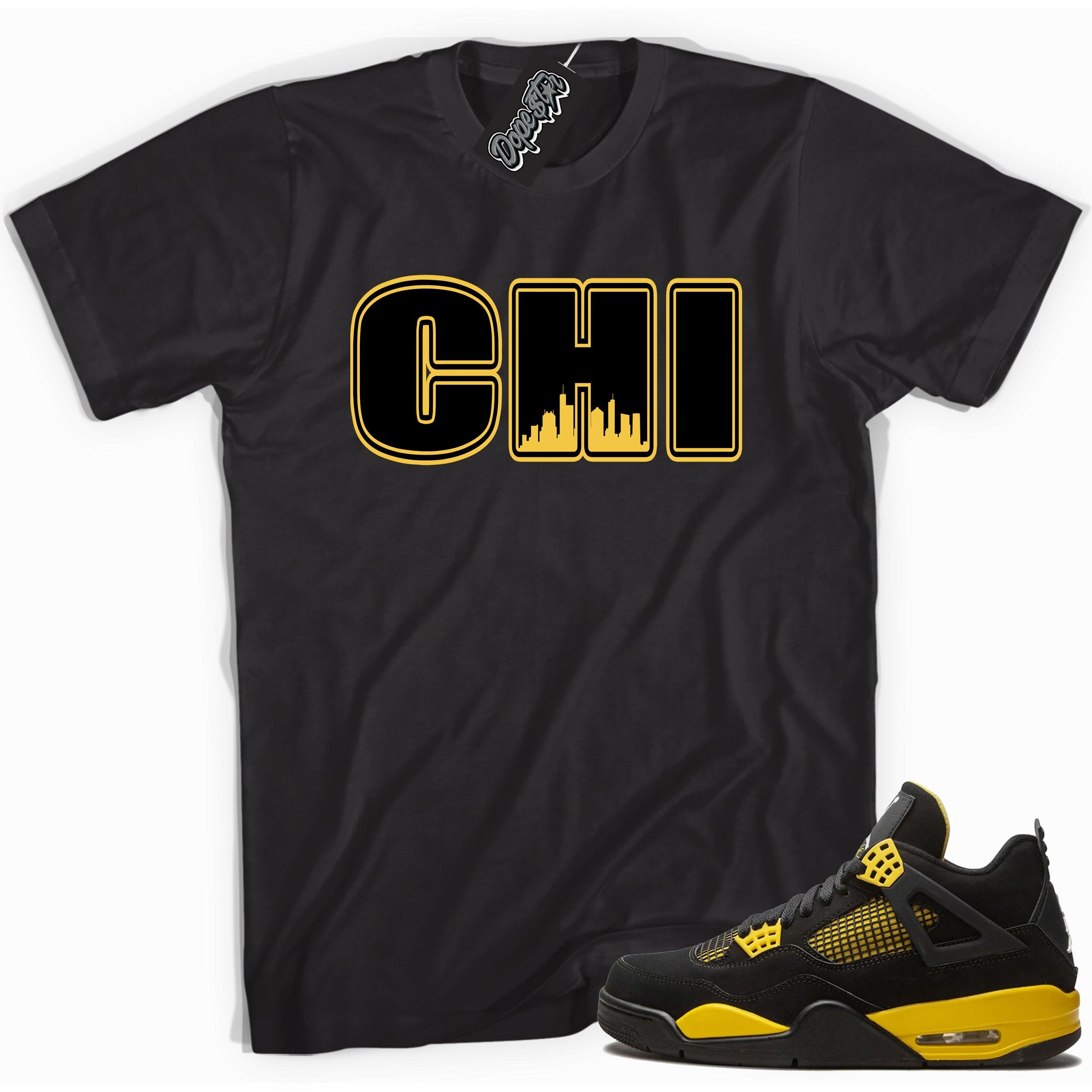 Cool black graphic tee with 'chicago' print, that perfectly matches Air Jordan 4 Thunder sneakers